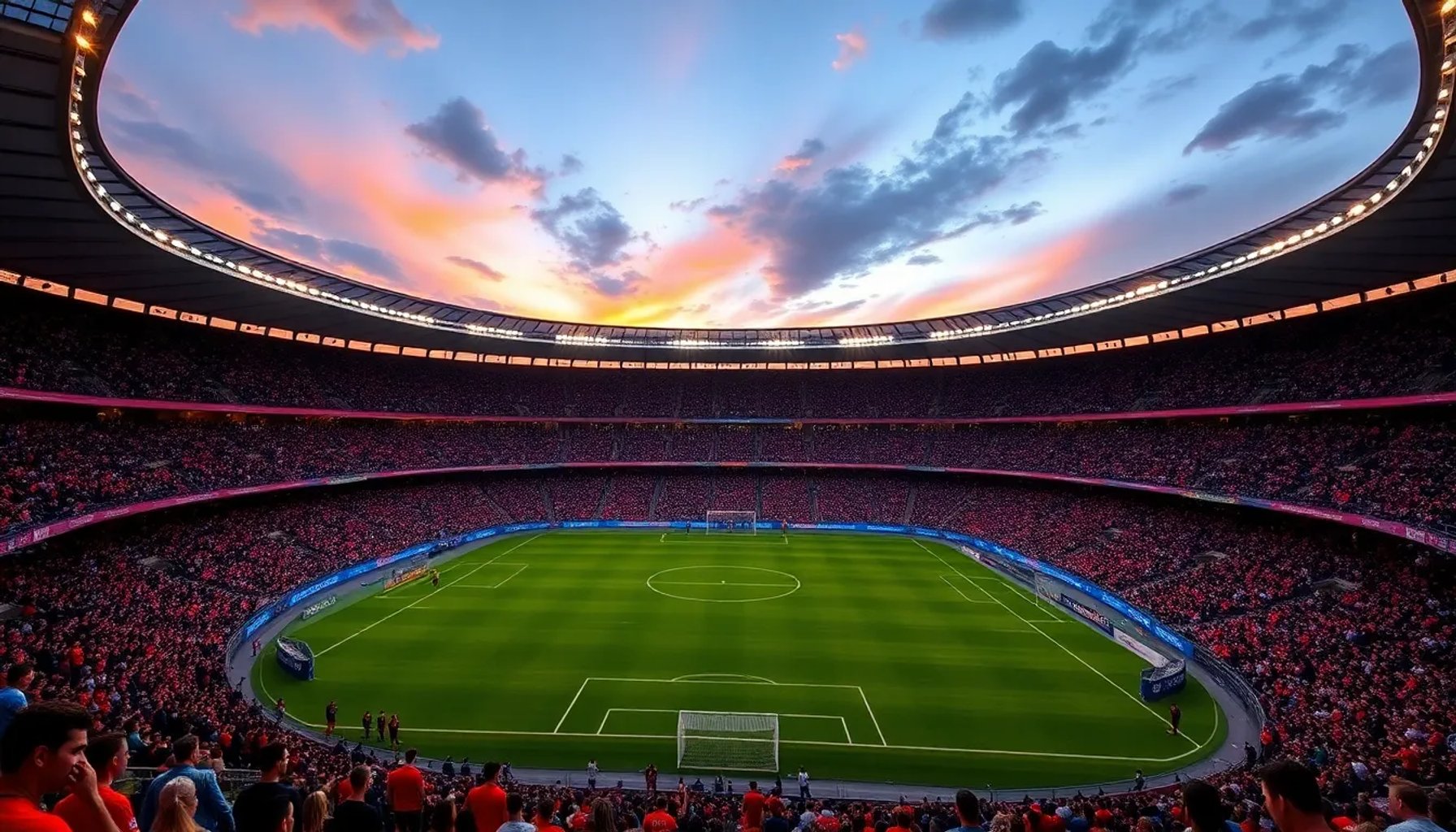 Estadio Reale Arena iluminado al atardecer con la afición rojiblanca cantando