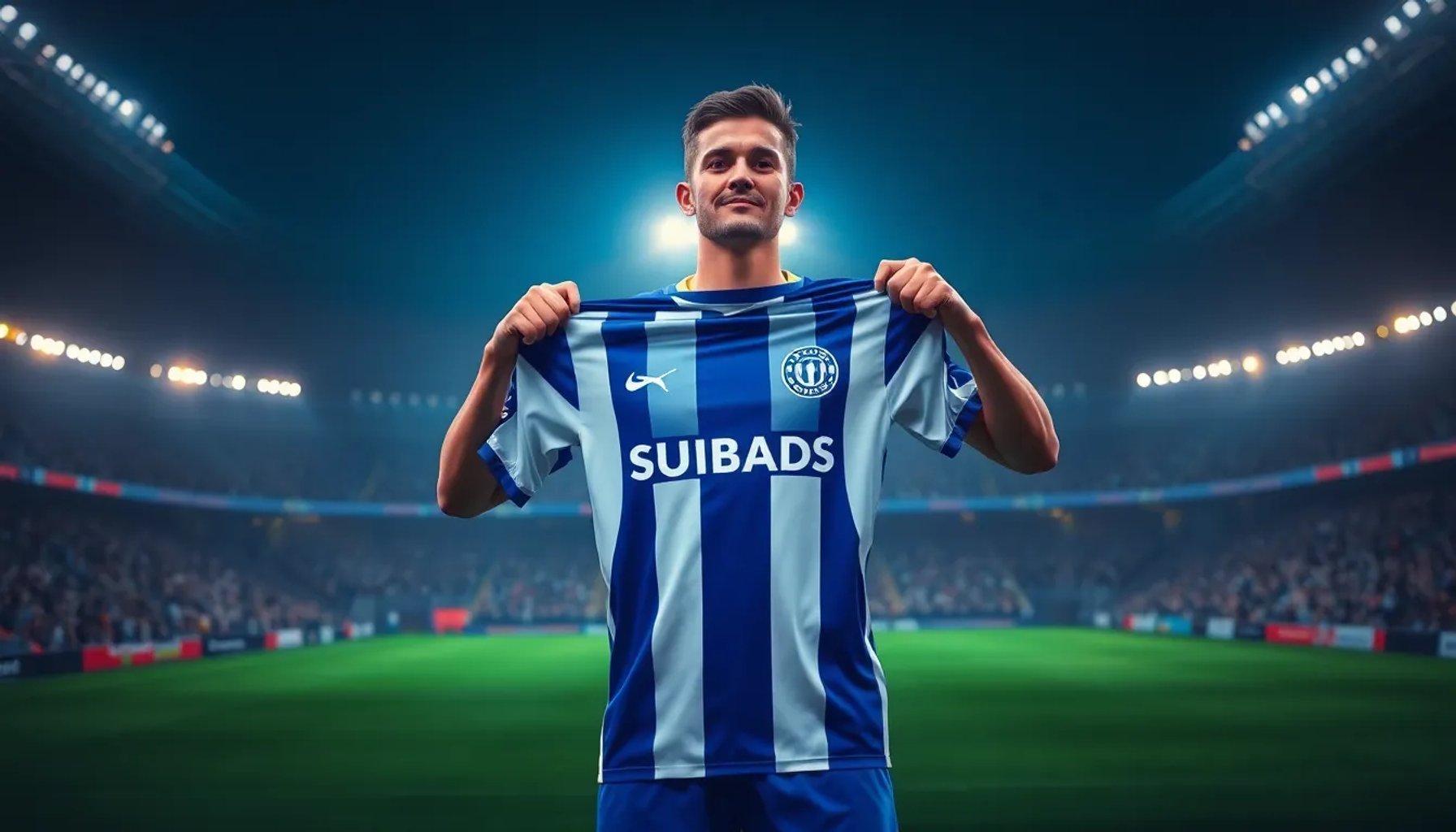 Jugador de la Real Sociedad levantando la camiseta de campeón bajo luces del estadio