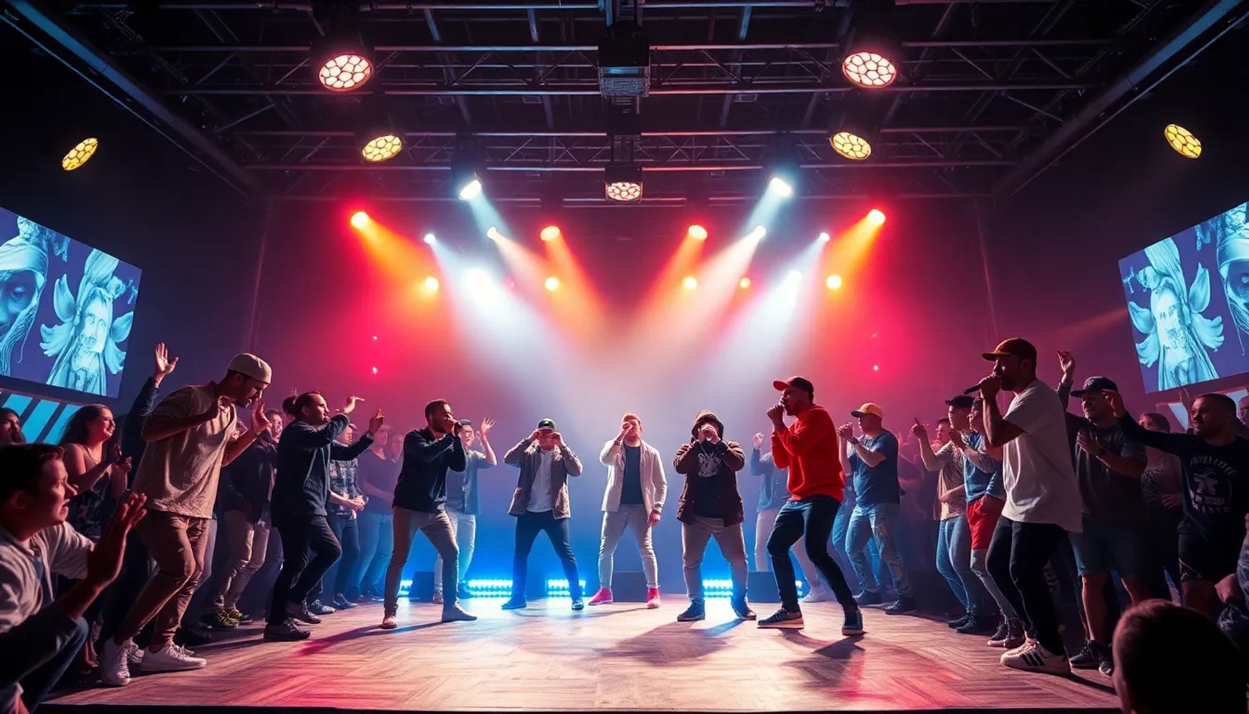 Escena vibrante del escenario del FMS Internacional 2026 con MCs improvisando bajo luces de colores