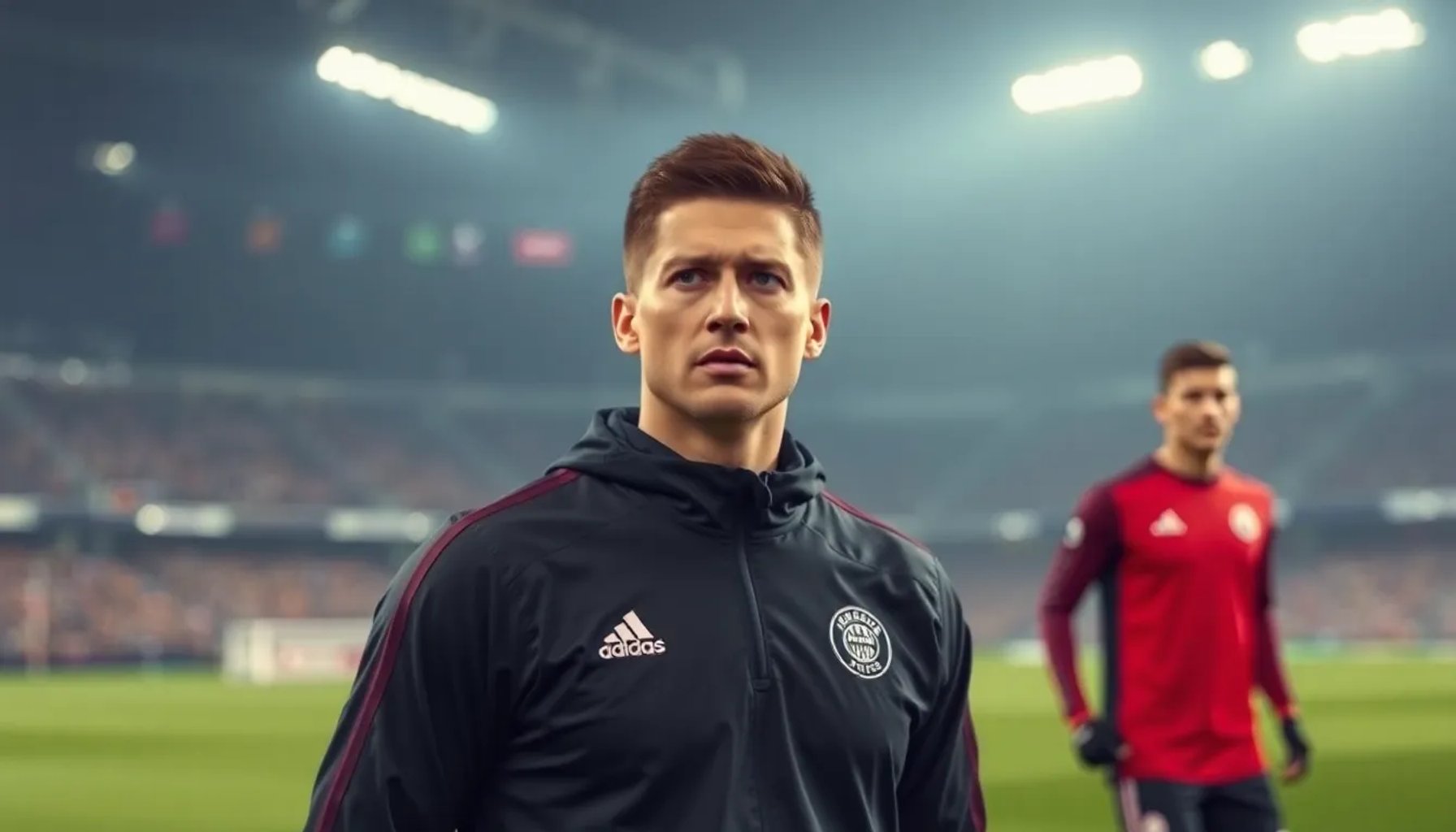 Robert Lewandowski entrenando en el campo, concentrado mientras revisa sus objetivos personales