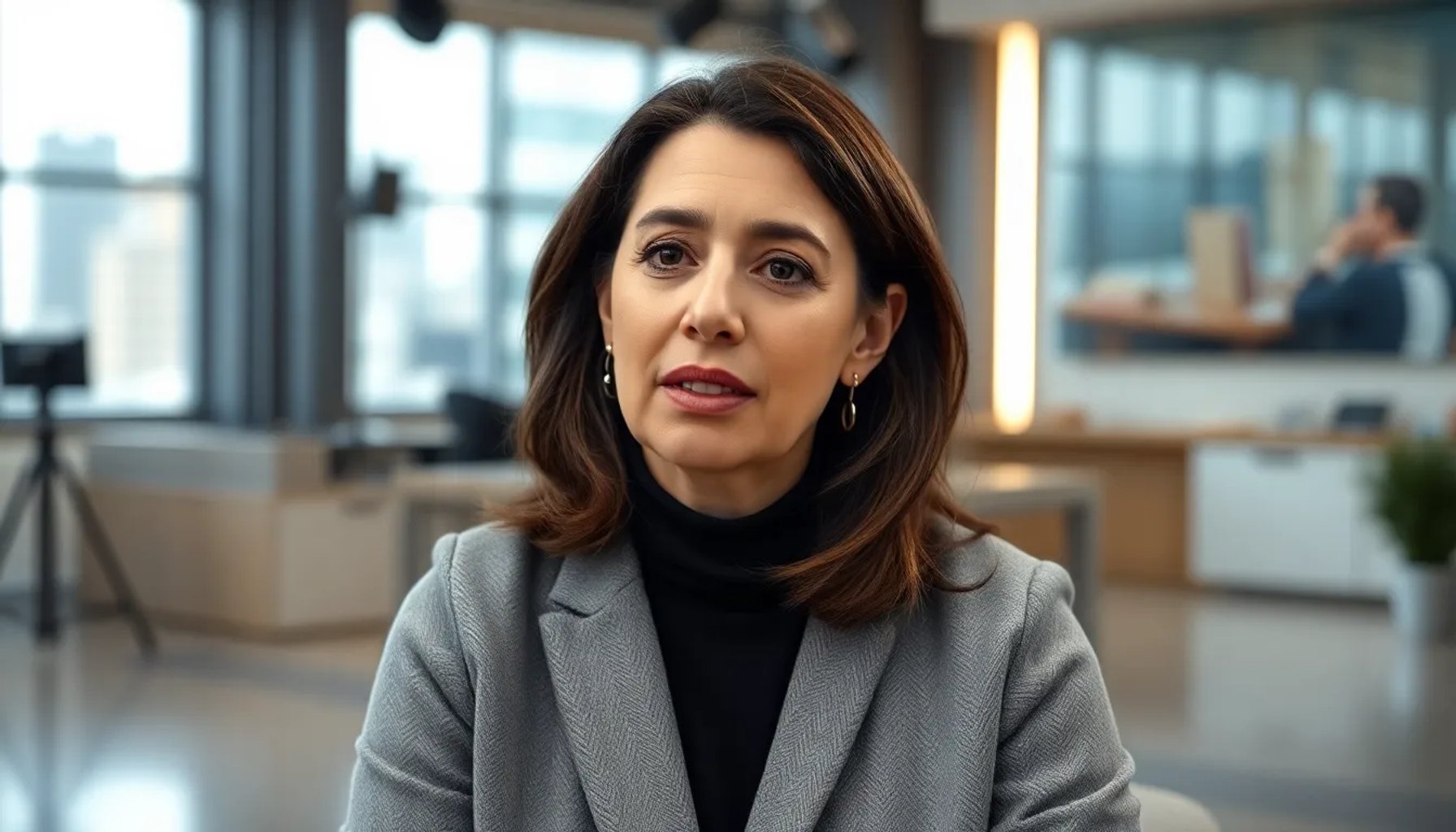 Rosalía Iglesias hablando en una entrevista, con fondo neutro y expresión seria