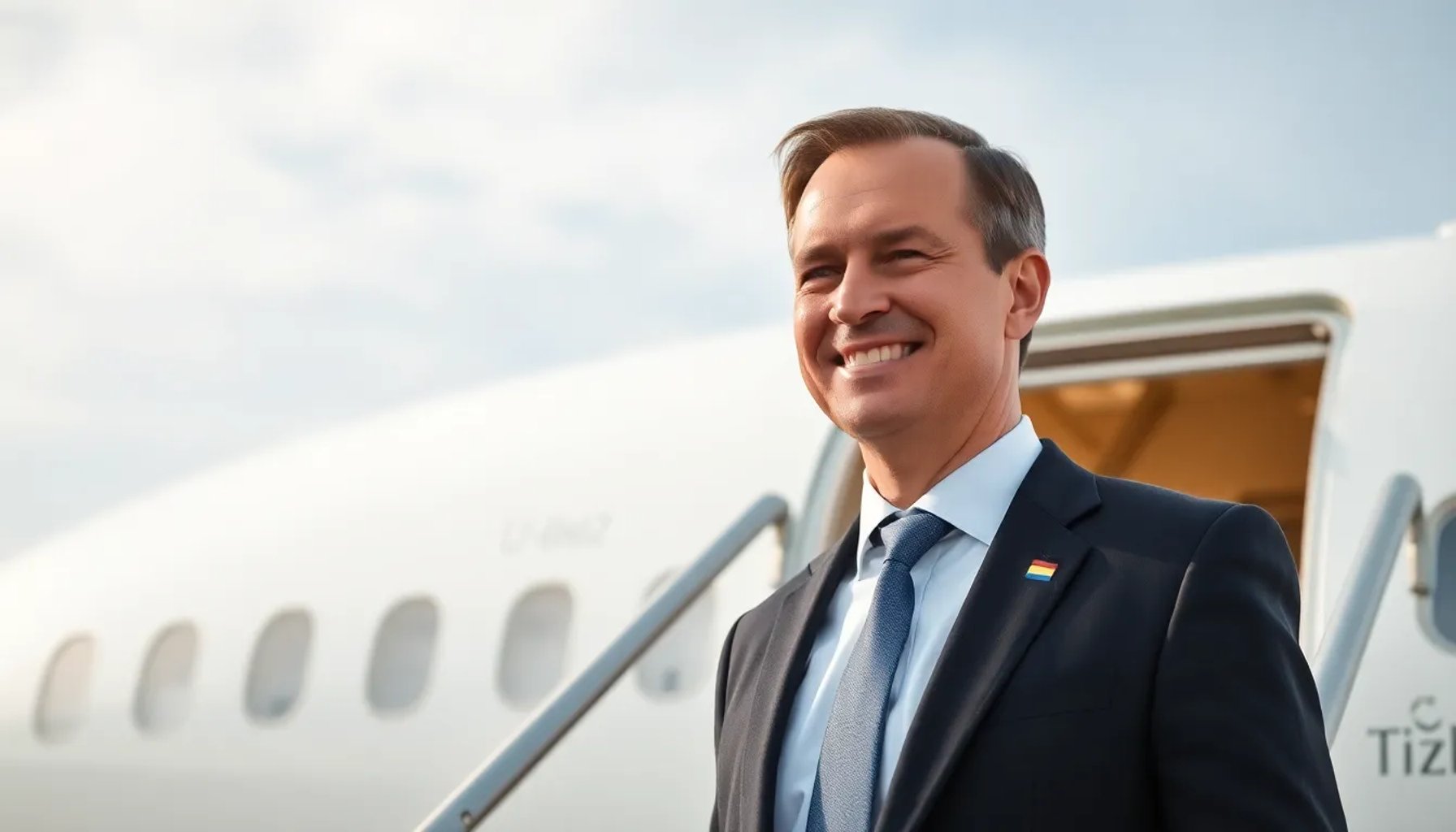 El presidente gallego Alberto Rueda abordando un avión rumbo a China, con la bandera de Galicia y el mapa de Asia de fondo.