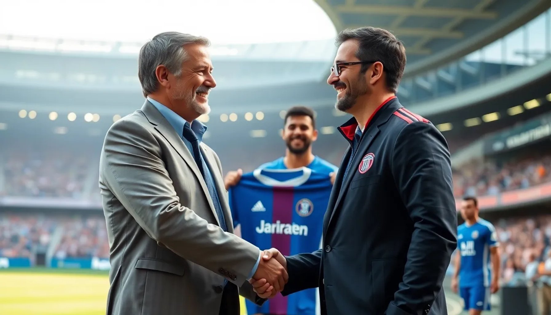 Santi Cañizares y Mateu Alemany estrechándose la mano mientras Lookman celebra su fichaje en el estadio del Atlético de Madrid