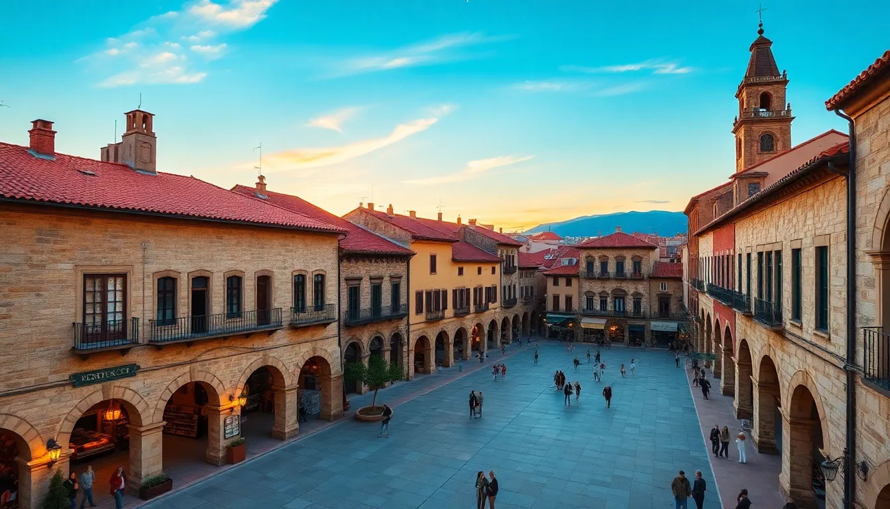 Vista panorámica de la Plaza Mayor de Santillán de la Sierra con casas históricas y gente caminando