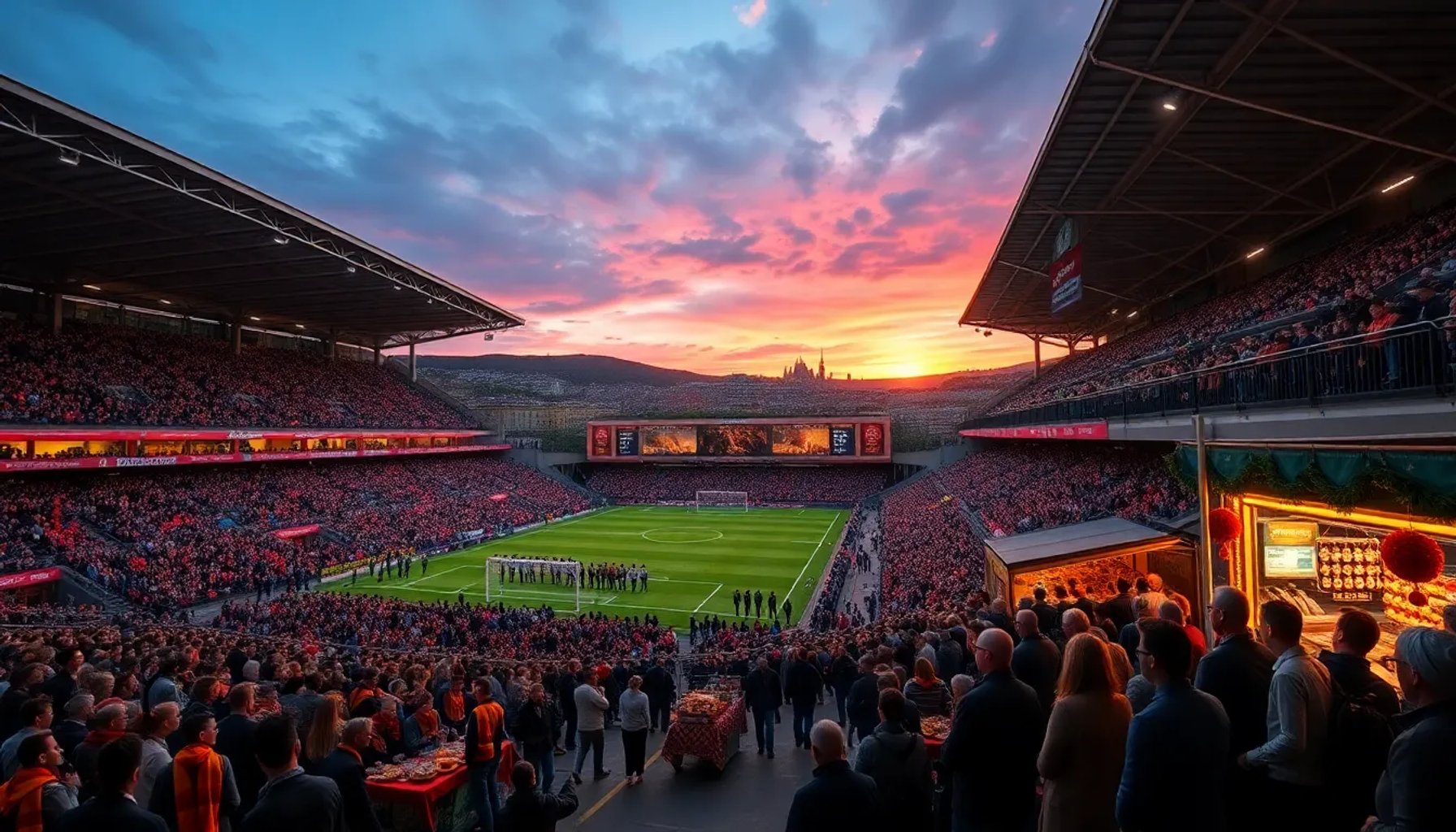 Aficionados disfrutando la Oviedo Cup en plena Semana Santa en Oviedo, con luces de atardecer y decoración festiva