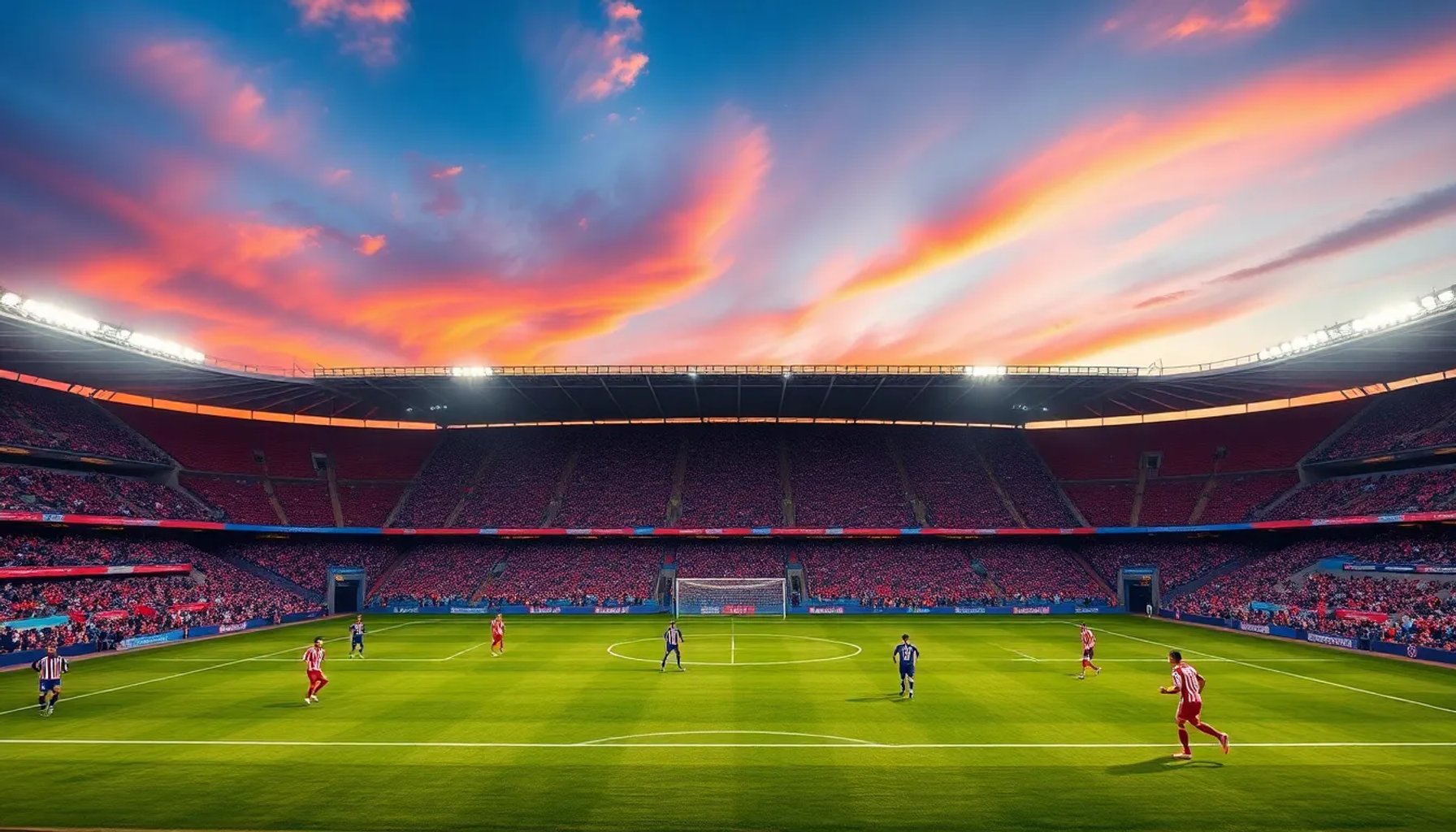 Imagen del estadio Ramón Sánchez Pizjuán con jugadores del Sevilla y Atlético de Madrid listos para el partido