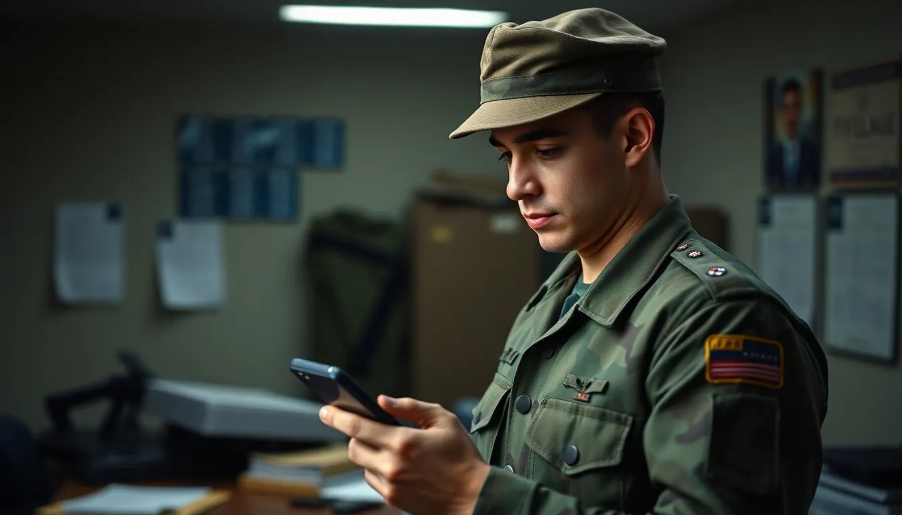 Soldado venezolano de uniforme mirando hacia un dispositivo electrónico con expresión preocupada, fondo borroso de una oficina militar