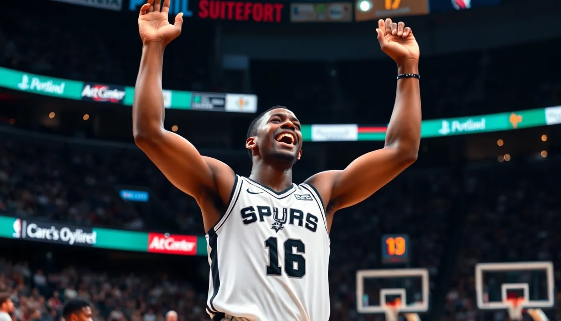 Victor Wembanyama celebrando una canasta durante el partido entre Spurs y Trail Blazers el 26 de abril de 2026 en el AT&T Center
