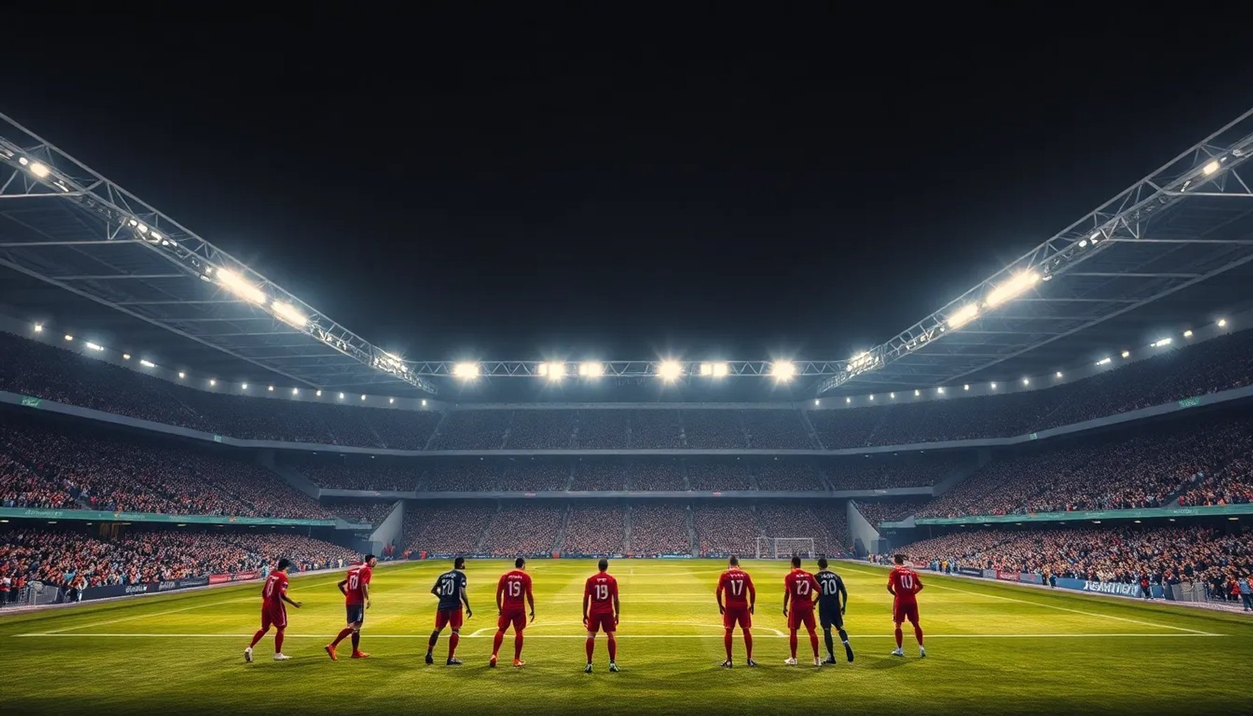 Estadio Mercedes-Benz Arena iluminado, con jugadores del Stuttgart y Borussia Dortmund listos para el inicio del partido