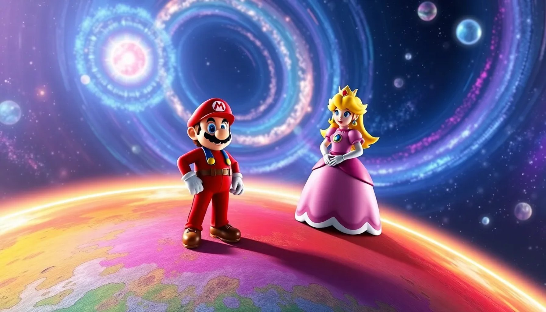 Mario y la Princesa Peach en una escena espacial de la película Super Mario Galaxy