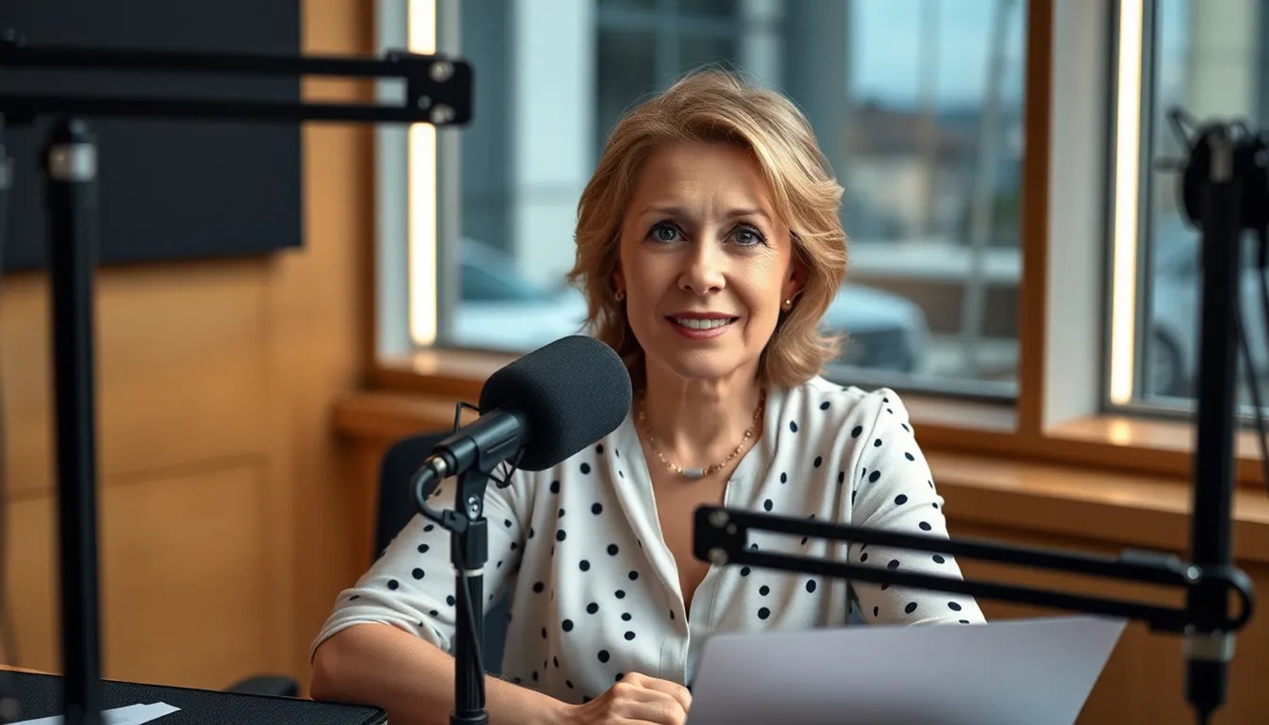 Susana Díaz en un estudio de radio, expresando su emoción mientras habla sobre un polémico video del PSOE de 2016