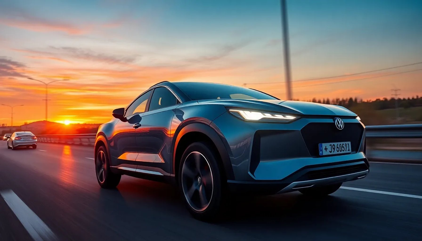 SUV híbrido de diseño moderno, mostrando su carrocería aerodinámica y luces LED, sobre una carretera europea al atardecer