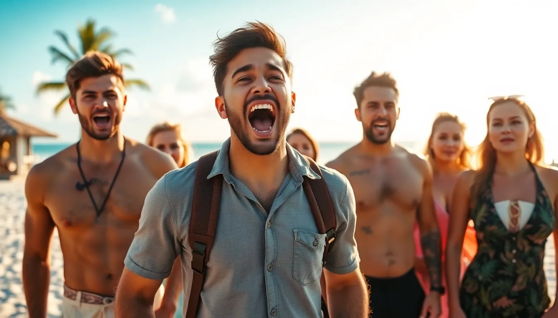 Concursante de Supervivientes gritando en la playa mientras el campamento observa en tensión