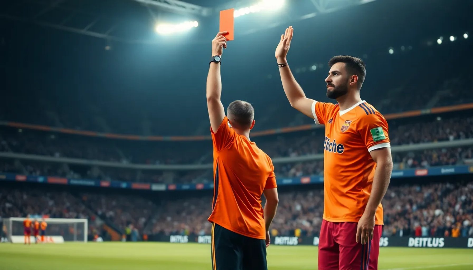 Thiago Almada expulsado en el partido entre Elche y Atlético de Madrid, con árbitro mostrando tarjeta roja