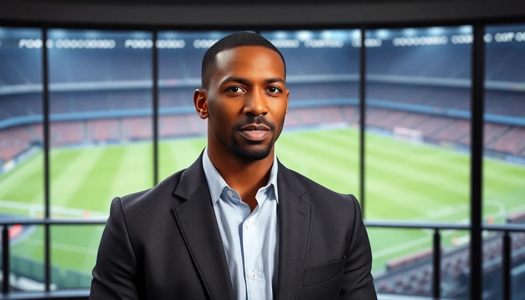 Thierry Henry hablando en una entrevista, con fondo de estadio de fútbol