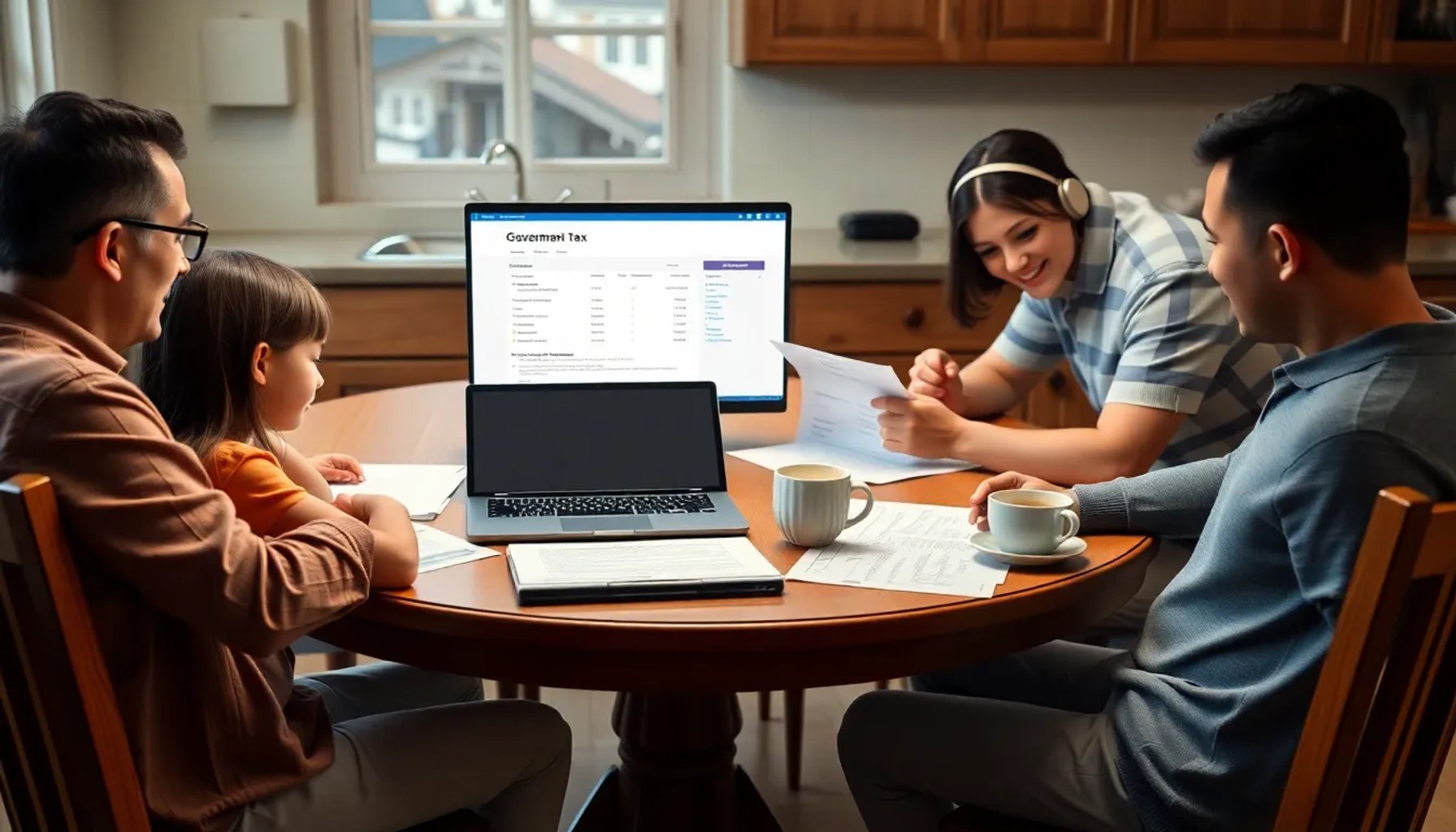 Familia revisando documentos fiscales en una mesa con una laptop y formularios de la declaración de la renta 2026