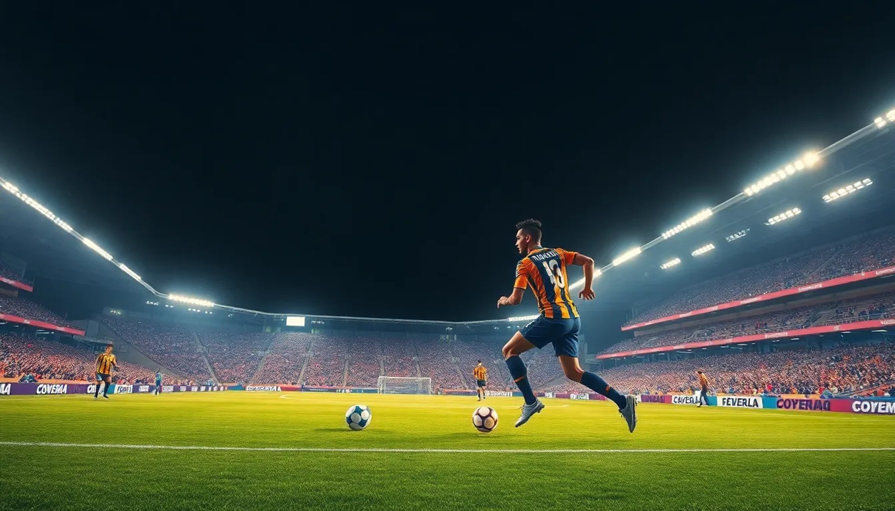 Partido en vivo entre Tolima y Águilas Doradas Rionegro, con balón en el centro del campo bajo luces del estadio
