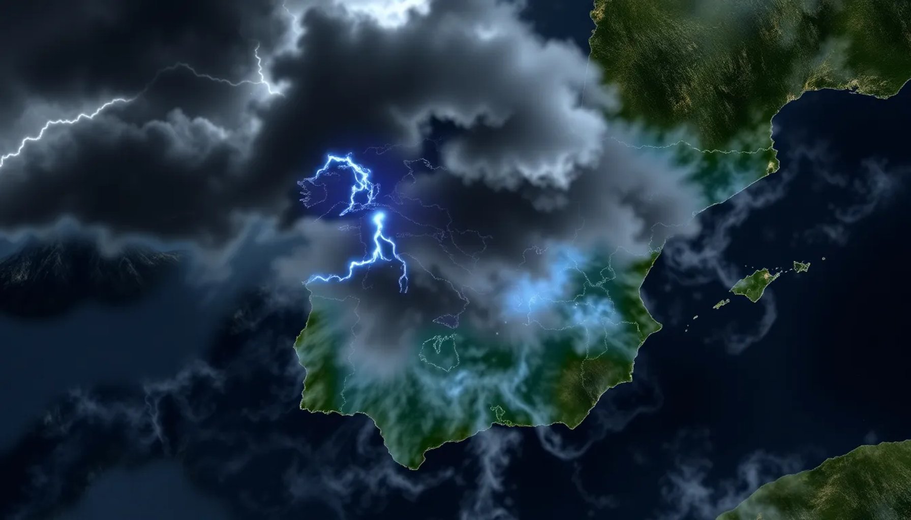 Mapa de España con nubes tormentosas y rayos sobre regiones centrales y norteñas