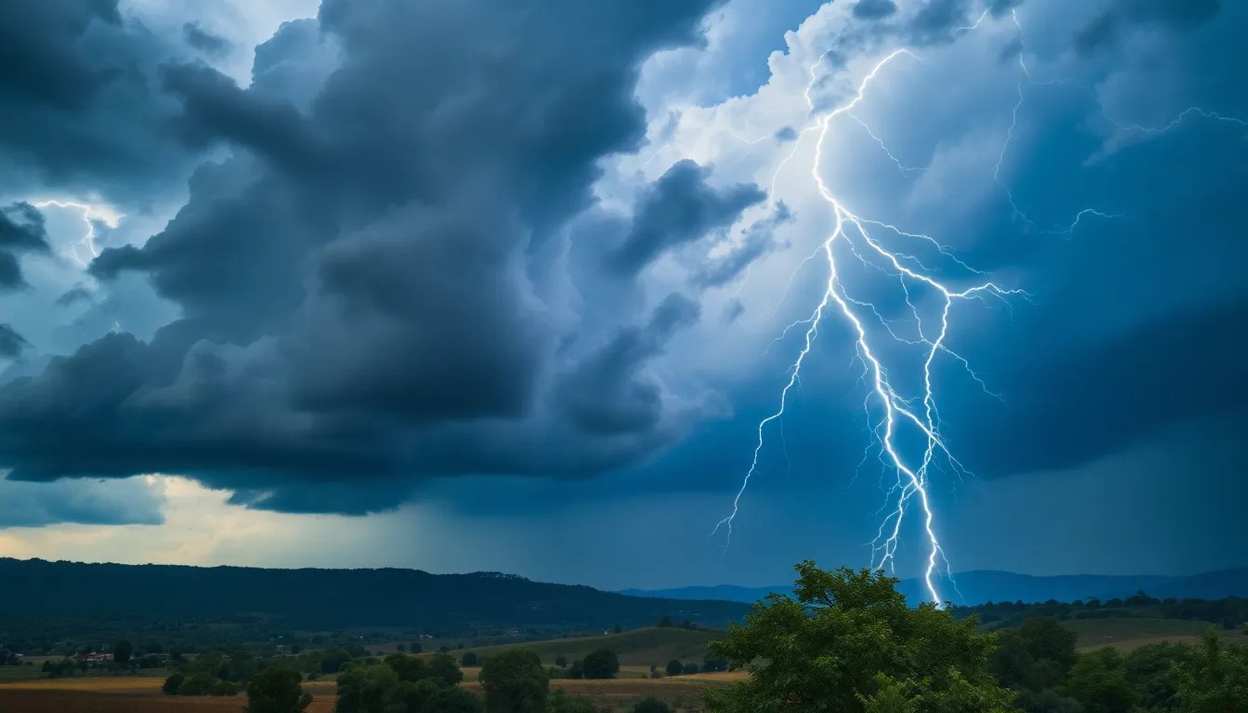 Cielo oscuro con nubes de tormenta sobre un campo español, relámpagos iluminando la atmósfera y lluvia intensa cayendo.