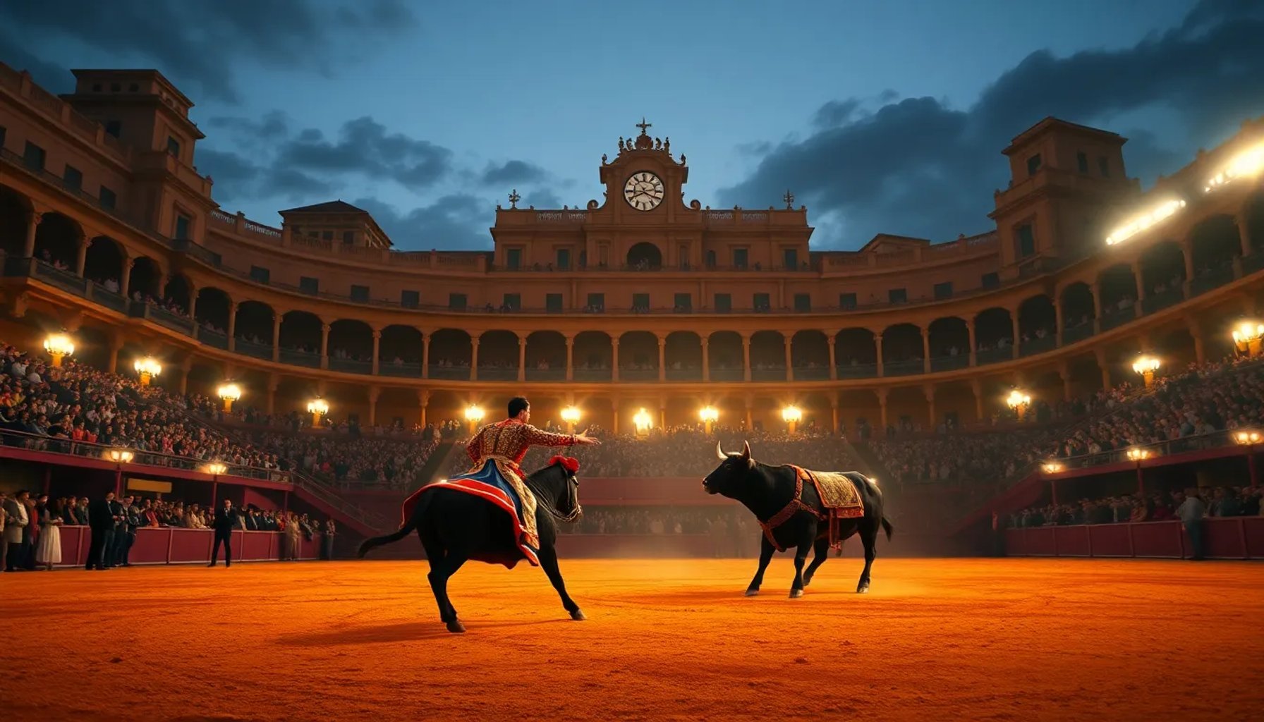 Rueda de toros en la Maestranza de Sevilla durante la Feria de Abril, con toreros y público vibrante bajo la luz del atardecer