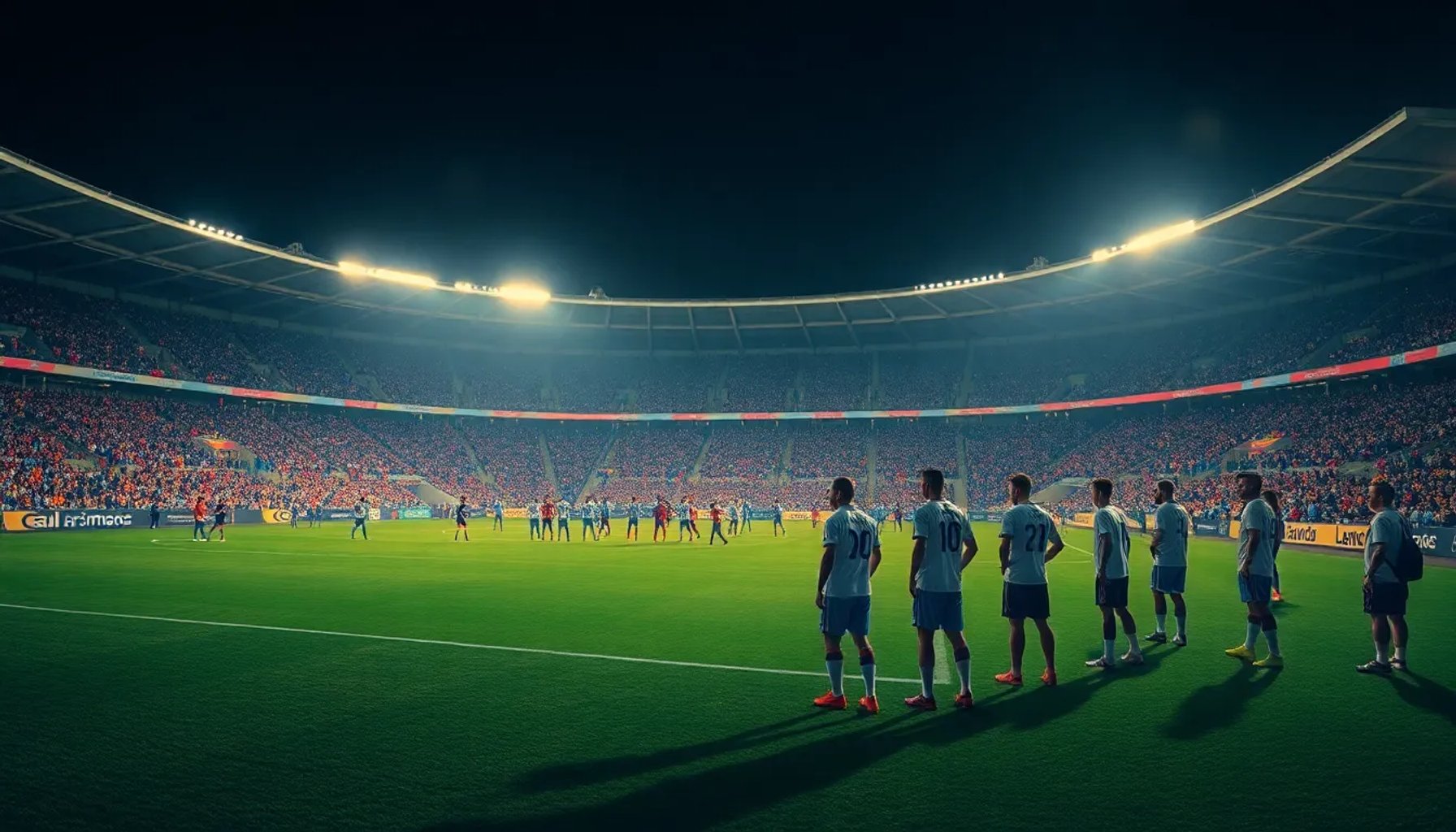 Imagen del estadio iluminado con los equipos Trinidense y Olimpia preparándose para el partido de la Copa de Primera 2026