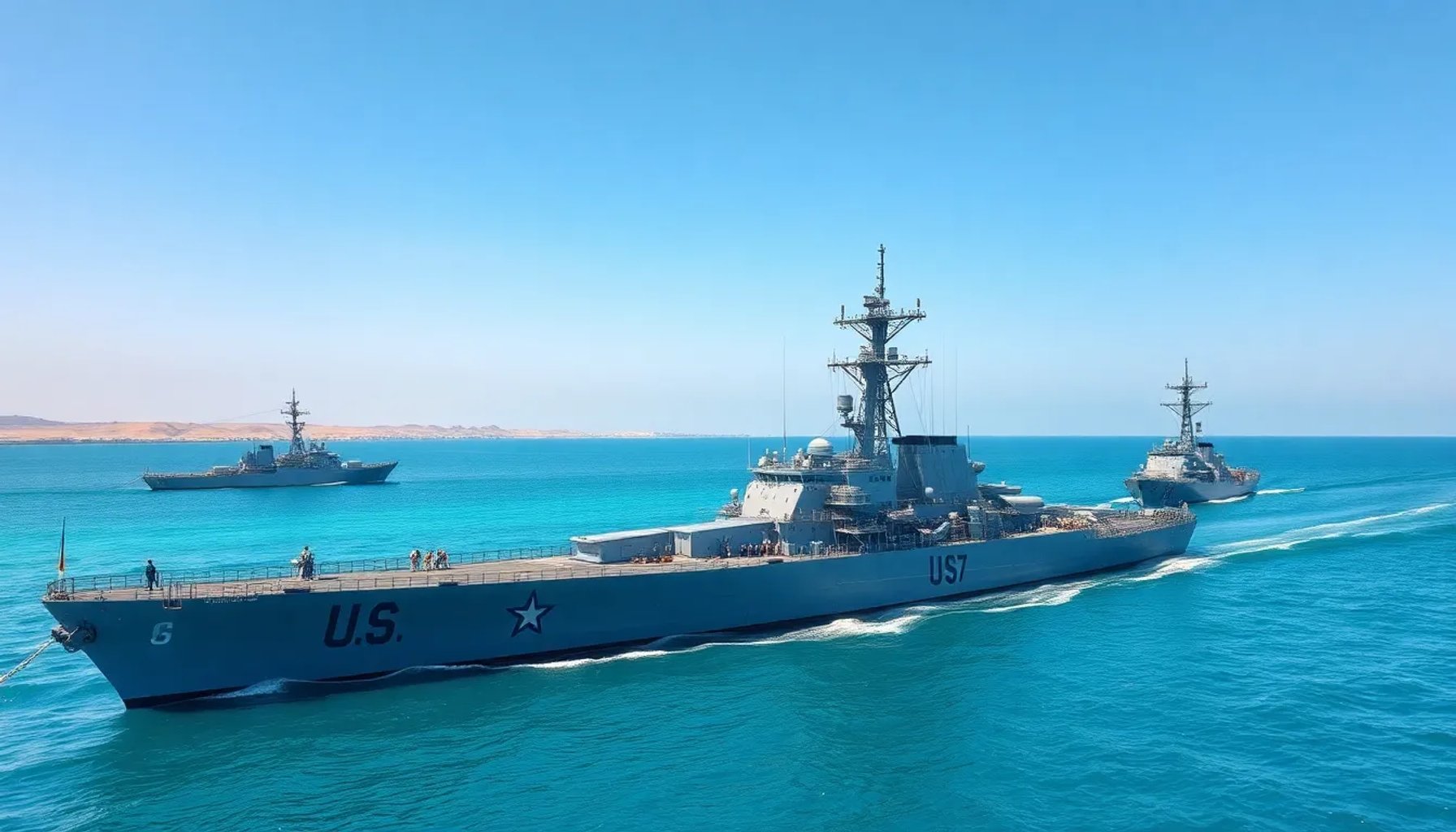 Buques de guerra estadounidenses patrullan el estrecho de Ormuz bajo el sol del mediodía