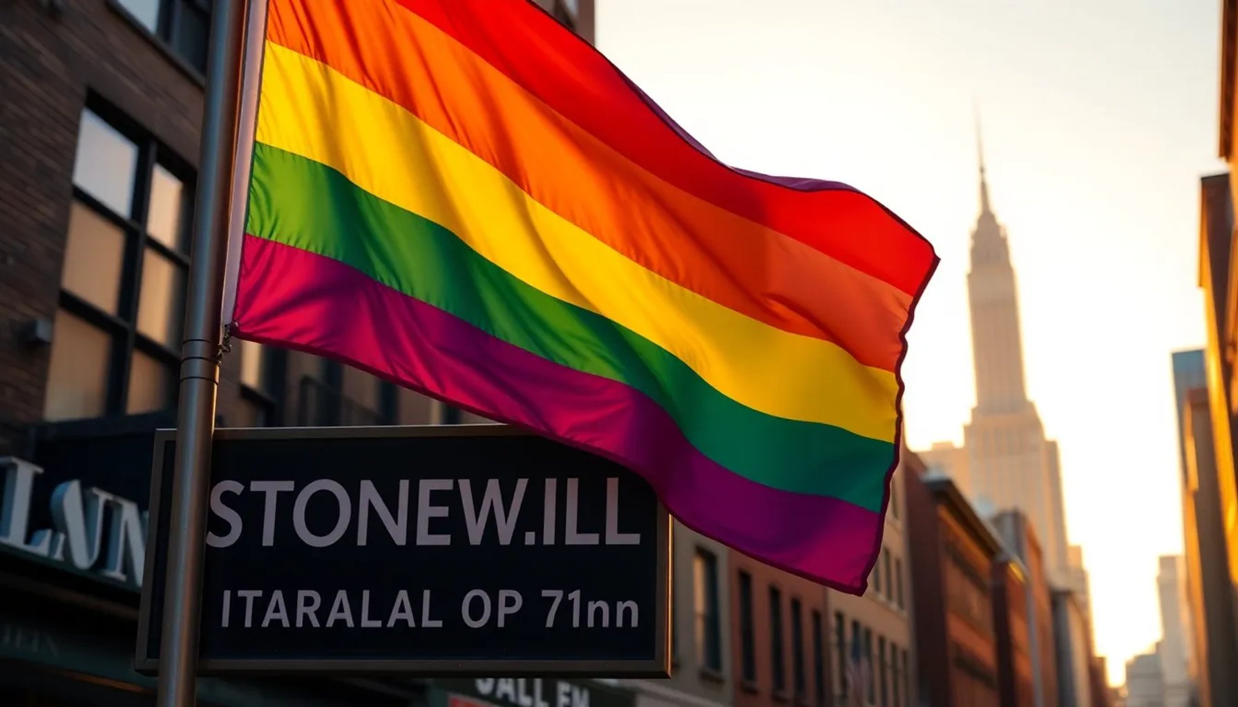 La bandera arcoíris del Orgullo ondeando en el Monumento Nacional de Stonewall en Nueva York al atardecer