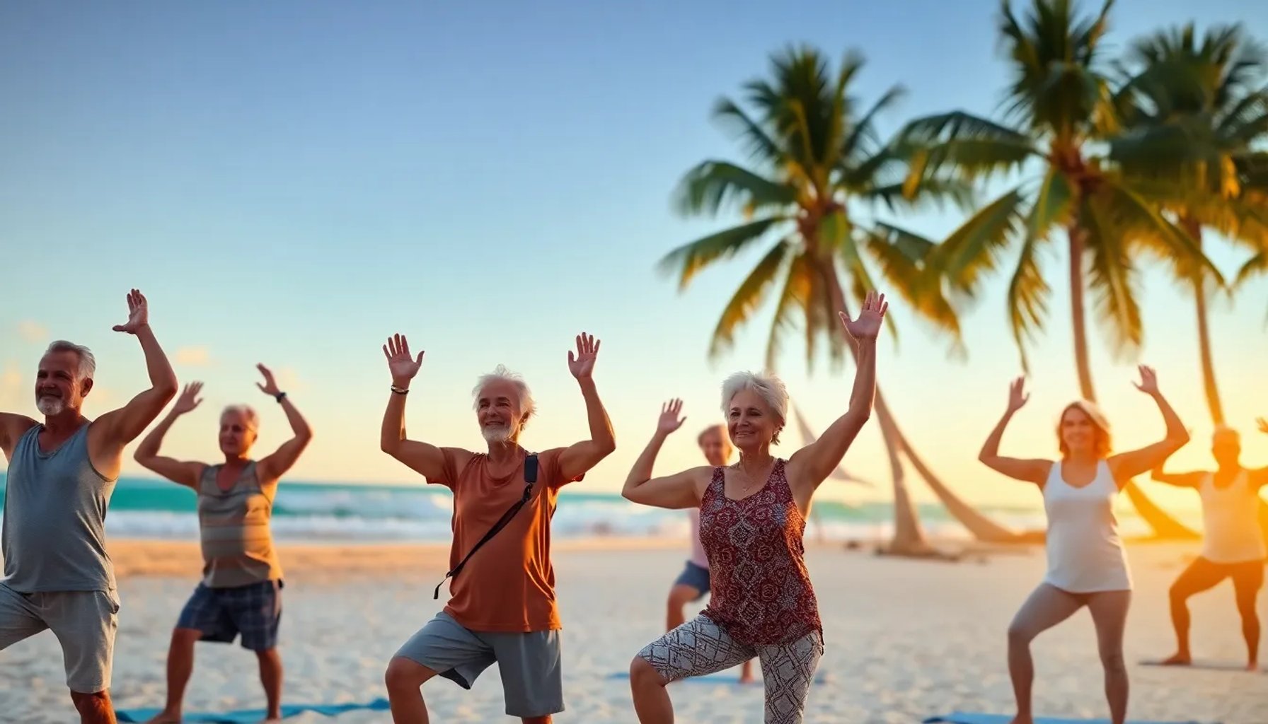Personas mayores activas practicando yoga al atardecer en una playa tropical junto al mar