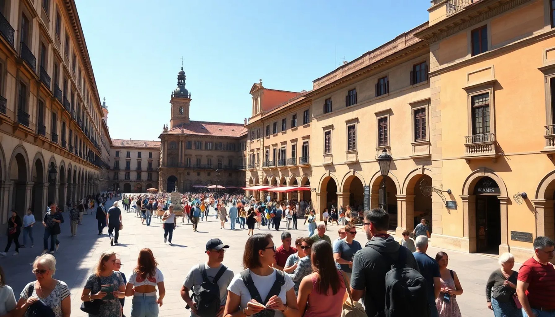 Vista panorámica del casco histórico de Salamanca con turistas portugueses leyendo un cartel