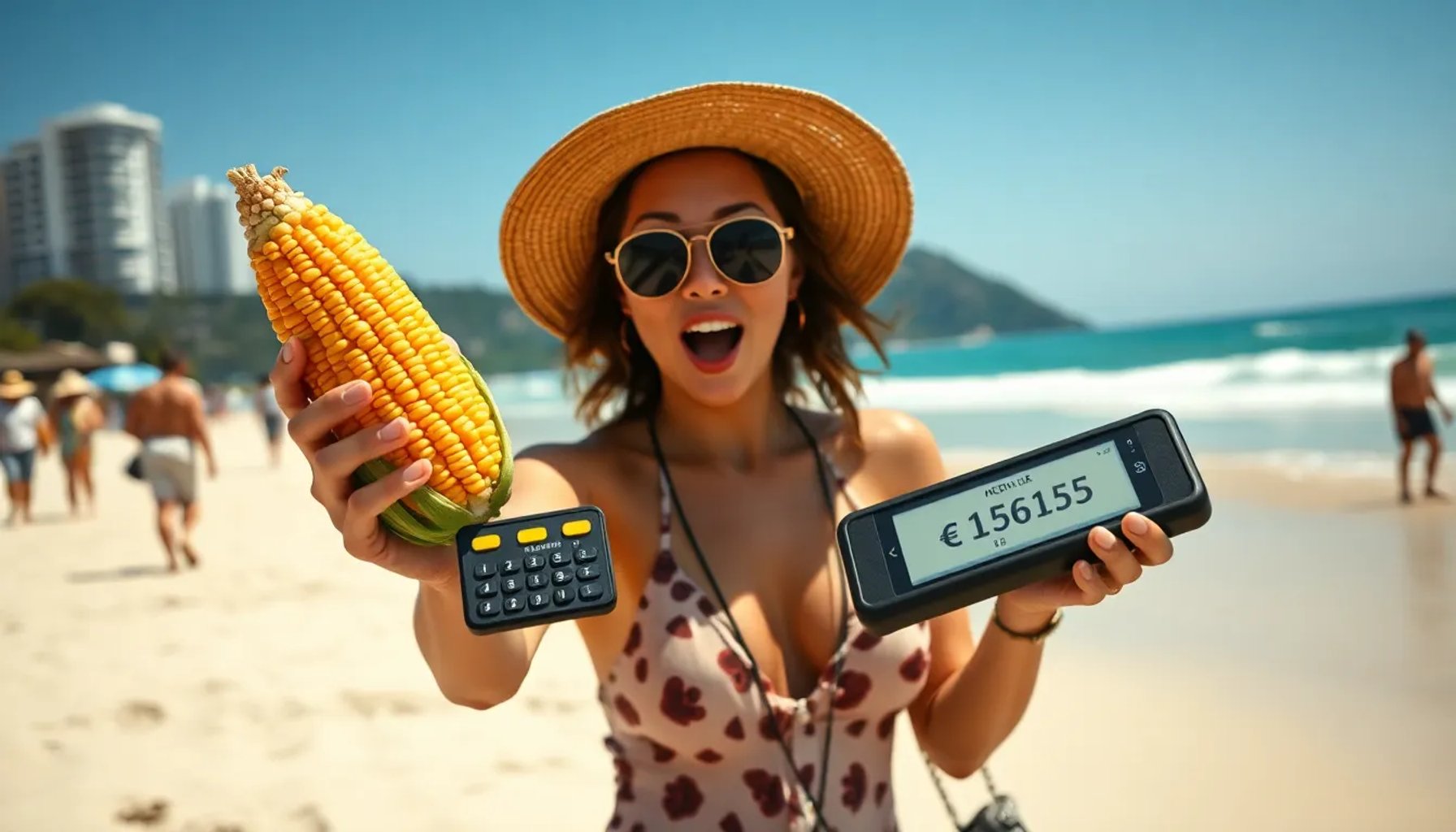 Turista confundida sostiene una mazorca de maíz mientras mira un terminal de pago en la playa de Río de Janeiro