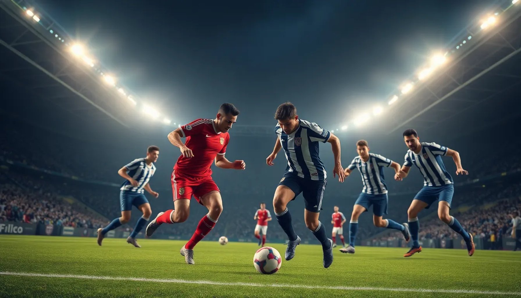 Jugadores de la UD Ibiza y Algeciras disputando un balón en el centro del campo bajo luces del estadio