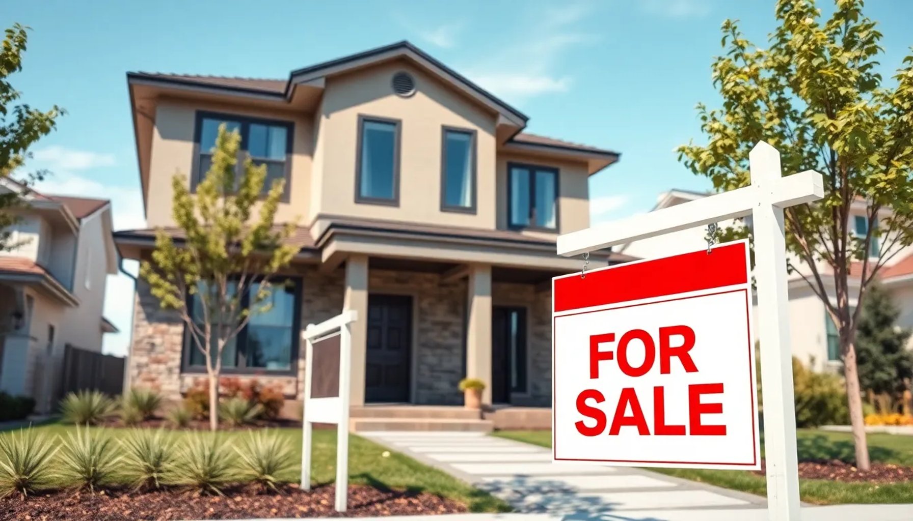 Casa de lujo vacía con letrero de 'Se vende' frente a un vecindario residencial