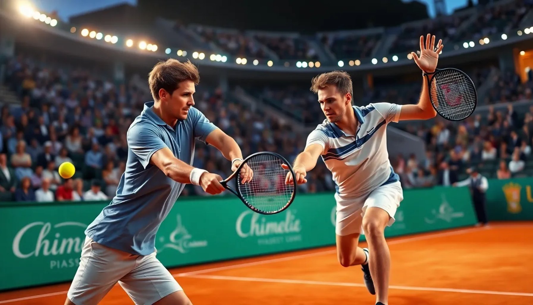 Valentin Vacherot y Alex de Minaur compitiendo en la pista de arcilla del Monte Carlo Masters bajo luces del atardecer