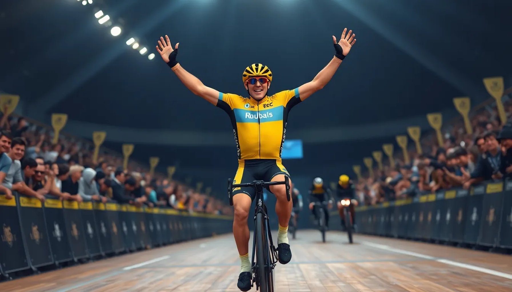 Van Aert celebra su victoria en el velódromo de Roubaix