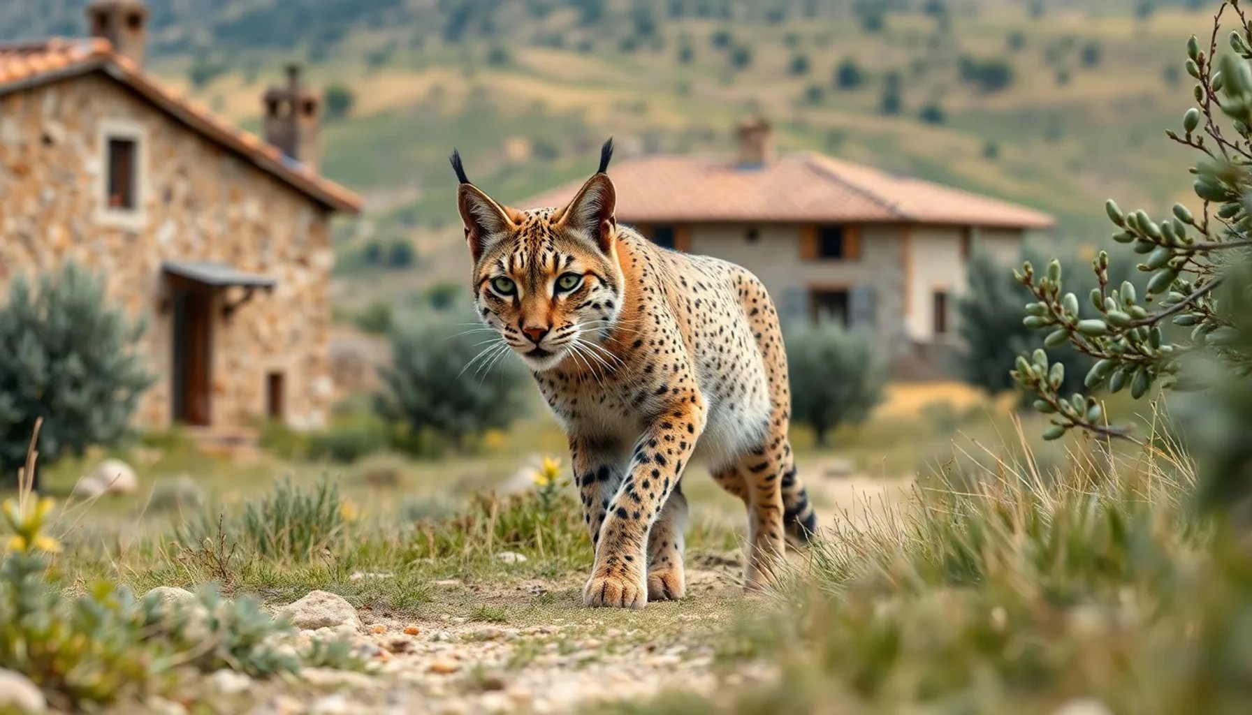 Lince llamado Veneno acechando entre los campos de un pueblo toledano