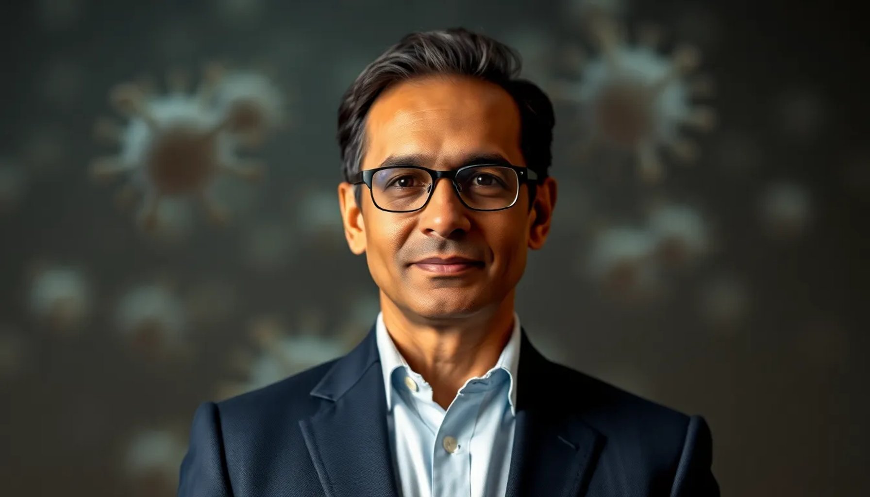 Venki Ramakrishnan, Nobel de Química, hablando en una conferencia mientras se muestra una ilustración de células humanas en descomposición gradual