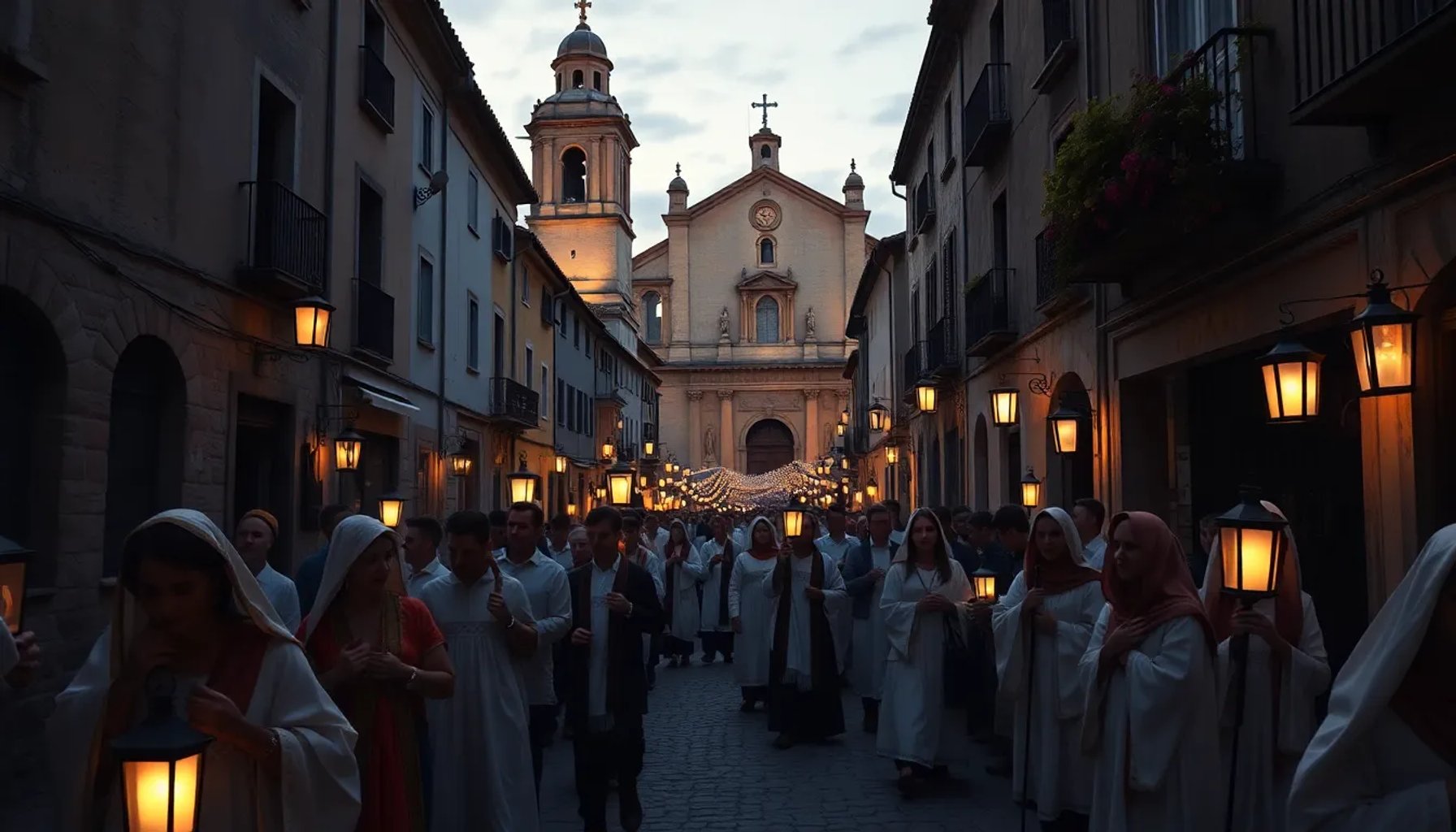 Procesión de Viernes Santo recorriendo las calles empedradas de La Puebla del Río, con cofrades y faroles al atardecer