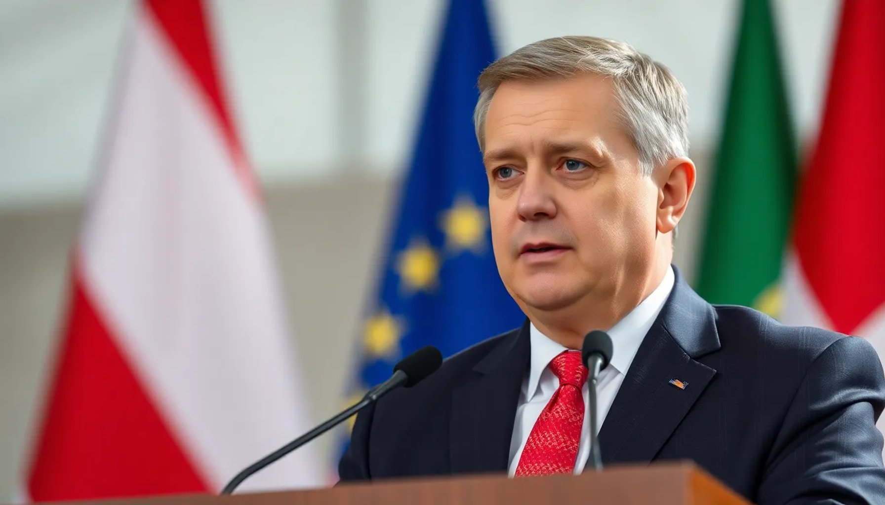 Viktor Orbán en una conferencia con banderas de Hungría y la UE al fondo