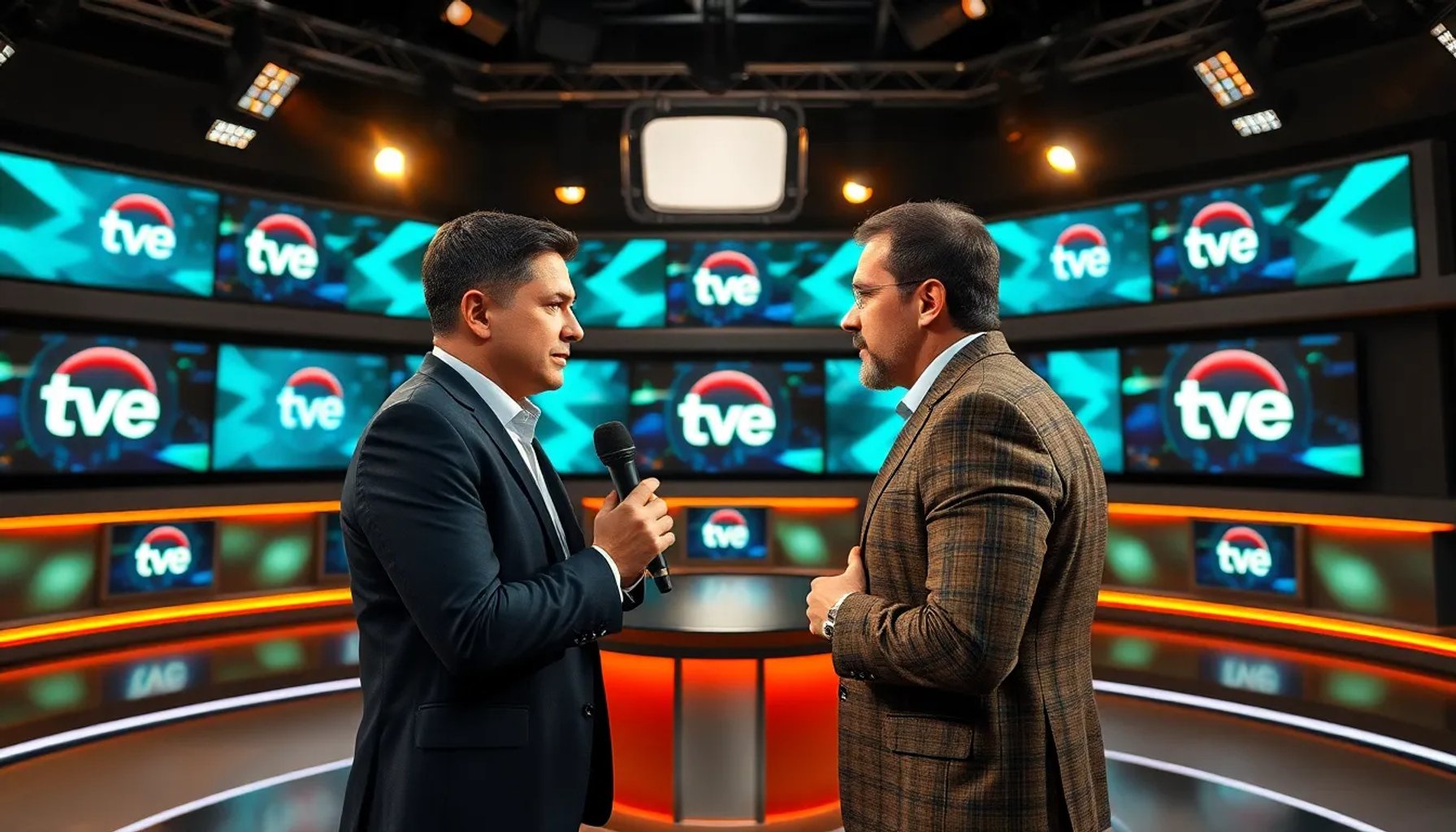 Villarejo y Javier Ruiz en el estudio de TVE durante la confrontación en vivo