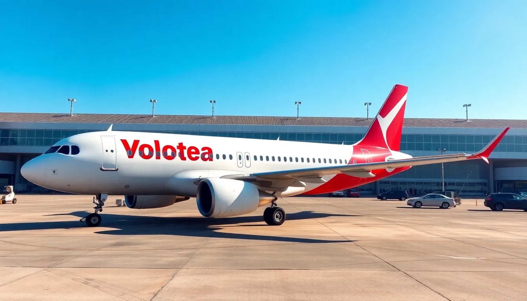 Avión de Volotea sobre un cielo azul con el logo de la compañía visible