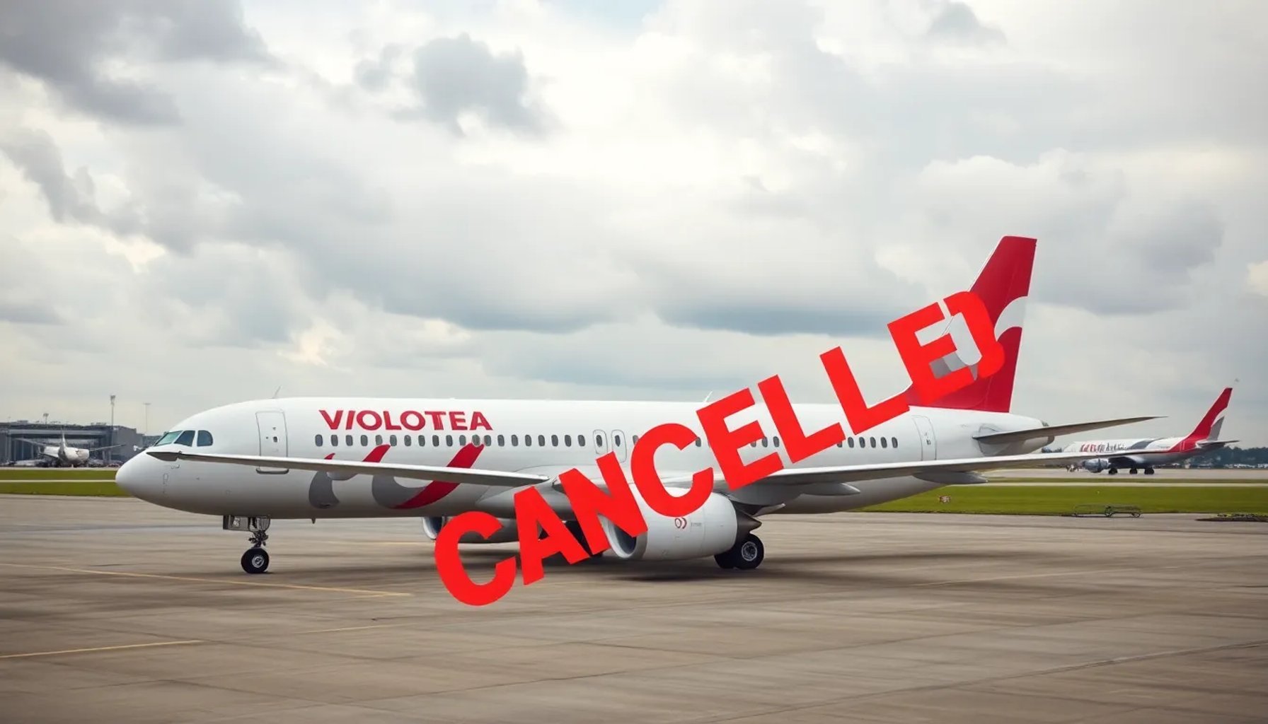 Avión de Volotea en tierra, con fondo de cielo nublado y señal de cancelación de vuelos