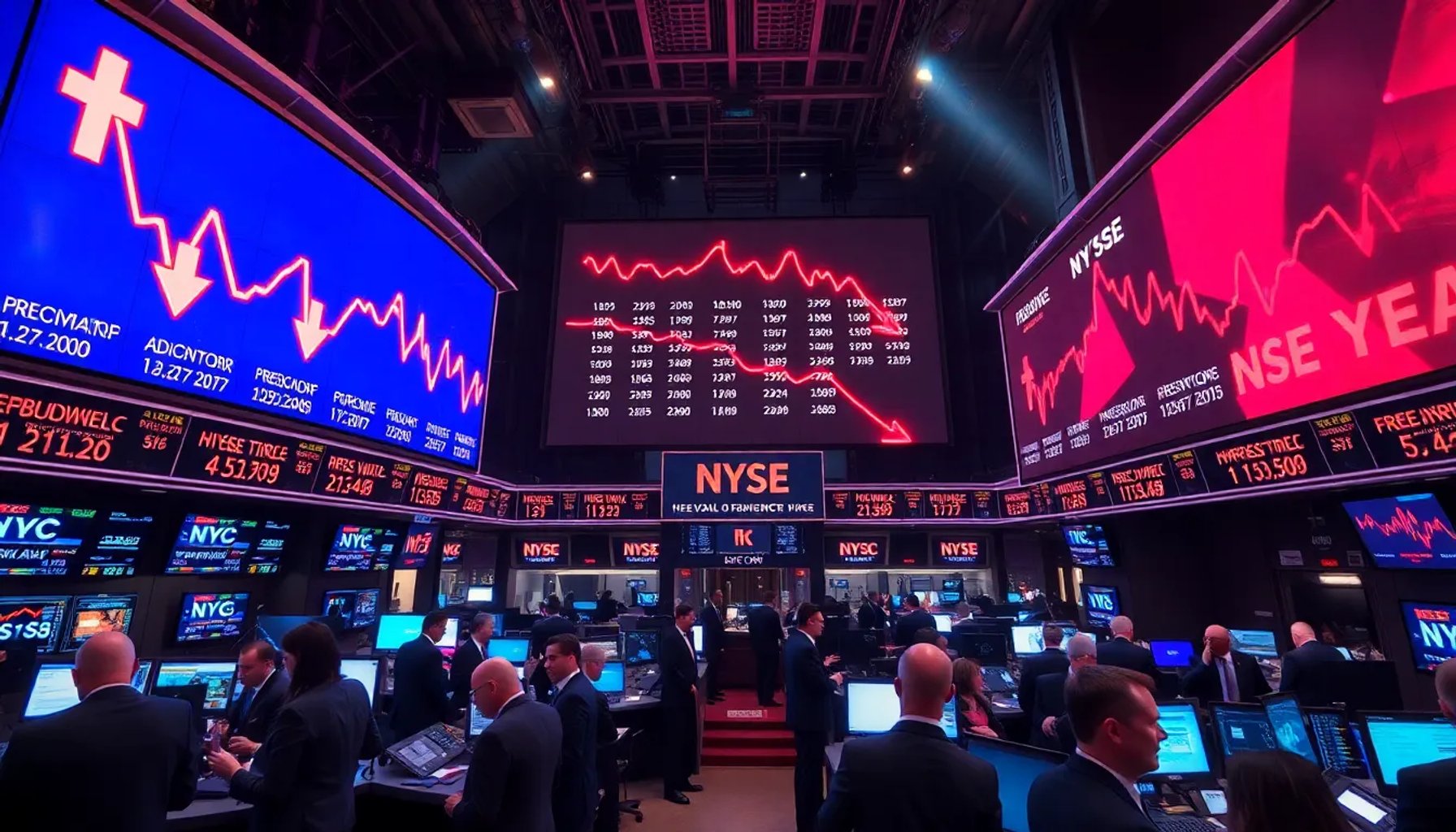 Vista panorámica de la bolsa de valores de Nueva York con pantallas rojas que indican una caída en los índices