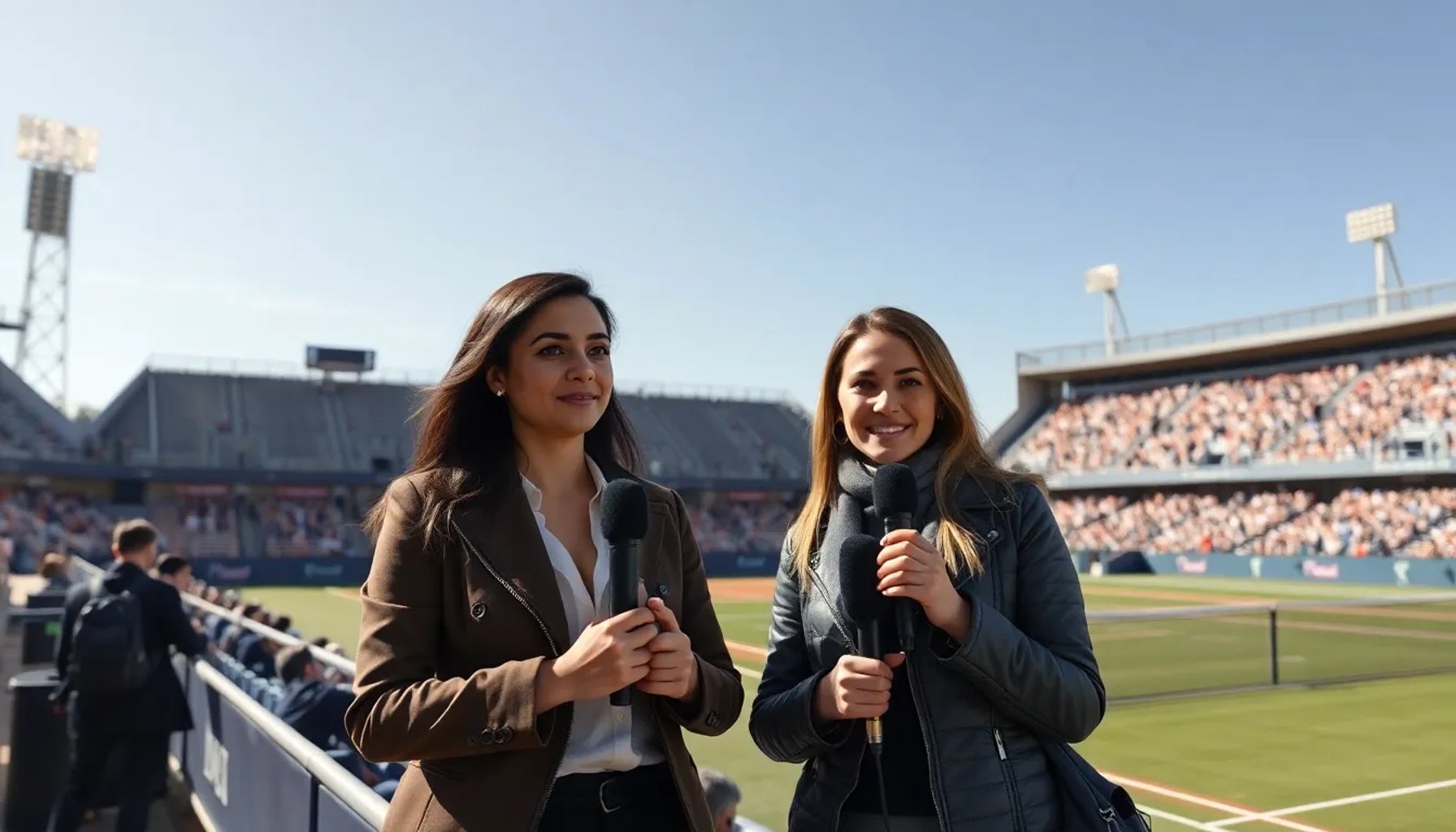 Zeynep Sonmez y Carlota Martínez Cirez comentando un partido de tenis en la pista del Madrid Open