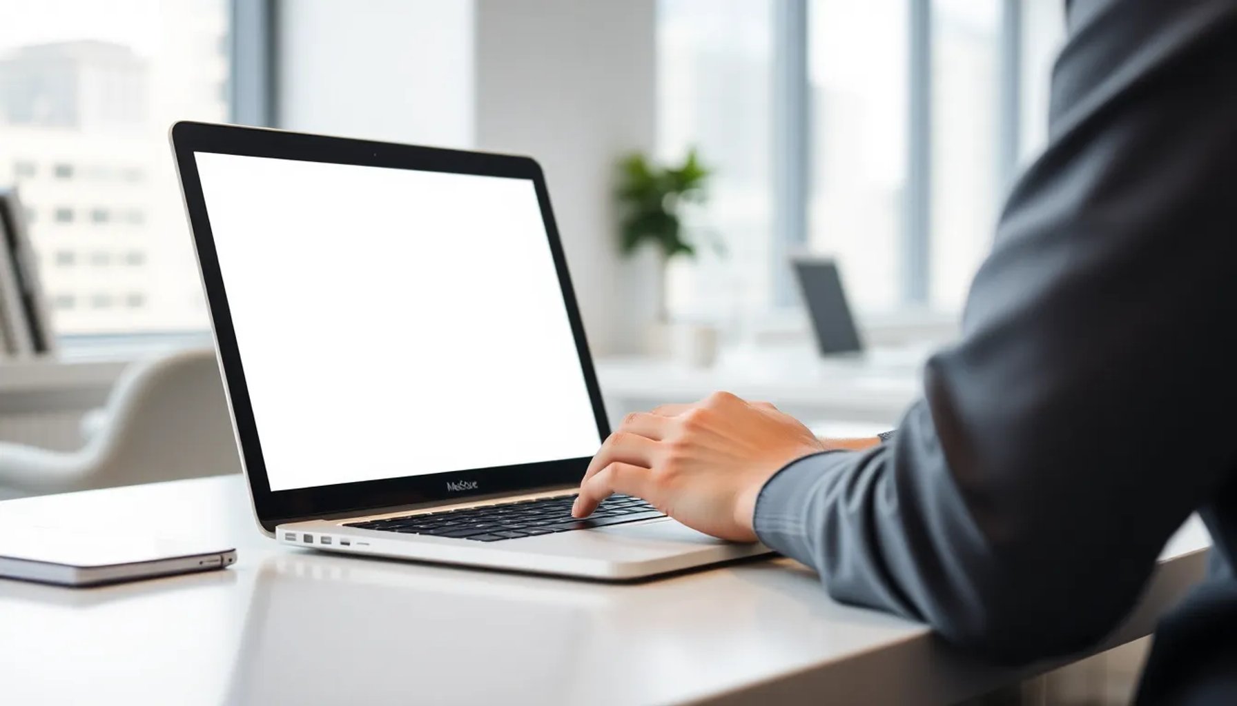 Persona usando un MacBook Air en un escritorio ordenado con pantalla iluminada y manos sobre el teclado