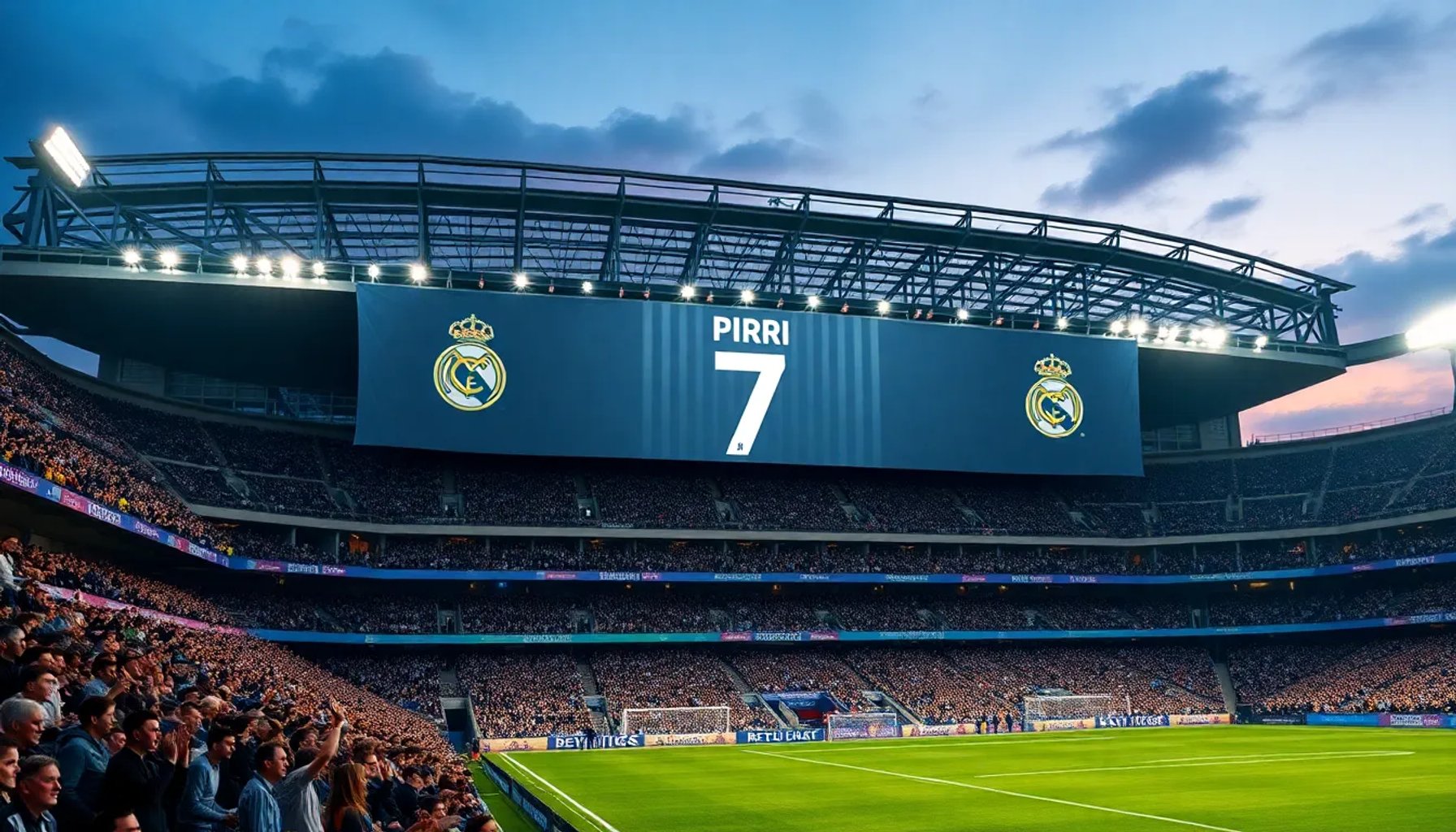 Estadio Santiago Bernabéu iluminado con una pancarta que rinde homenaje a Pirri, leyenda del club