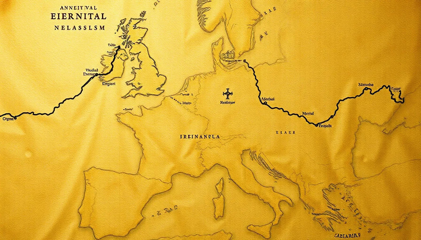 Mapa histórico de Europa con rutas de la Reconquista resaltadas y símbolos medievales sobre fondo de pergamino