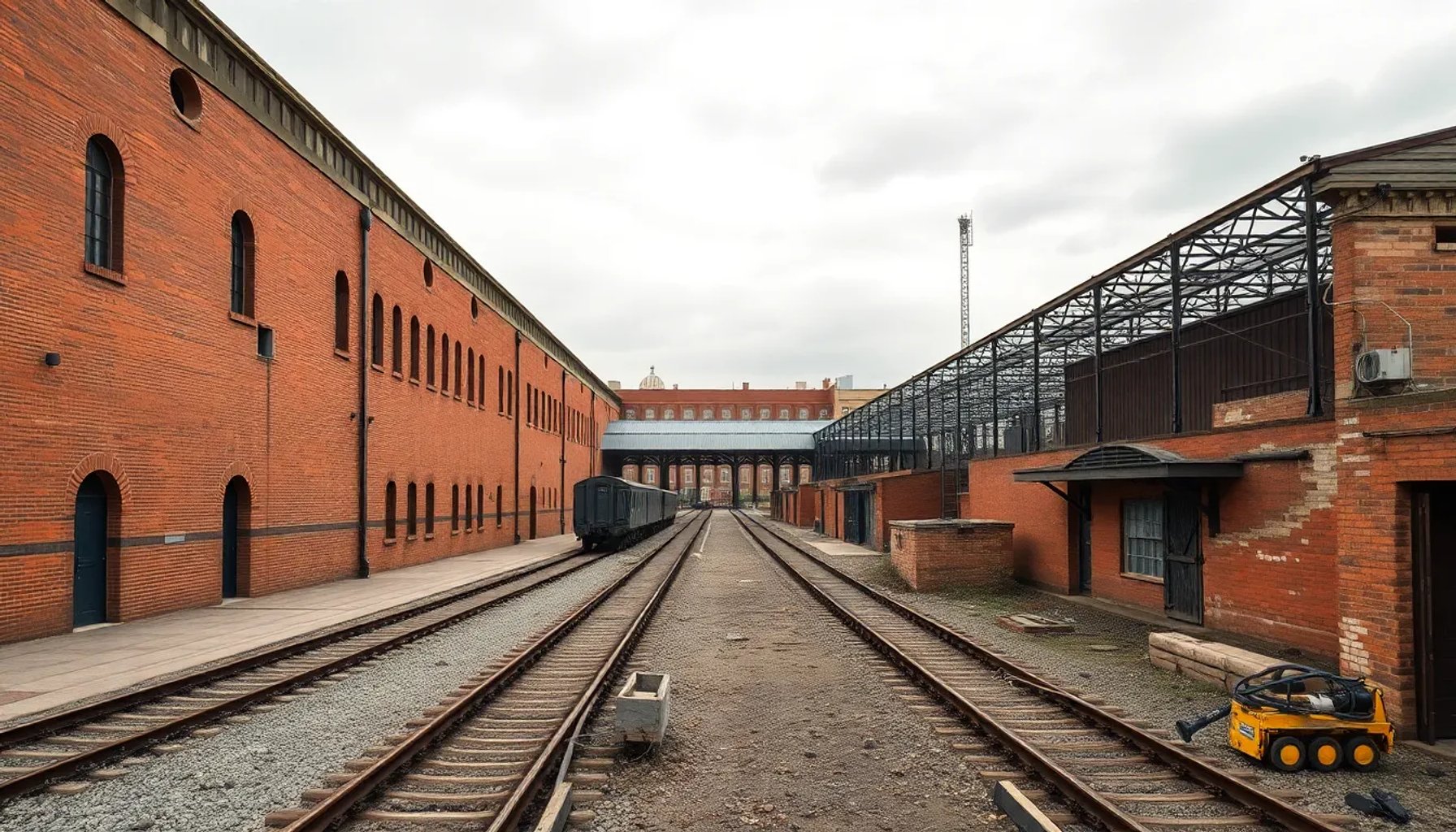 Depósito histórico de locomotoras en Valladolid con muro parcialmente reconstruido bajo el cielo gris