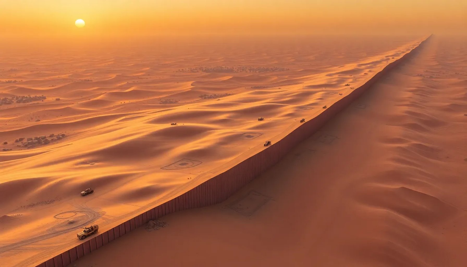 Muralla de 8 000 km cruzando el Sahara, vista aérea del desierto con la estructura en construcción