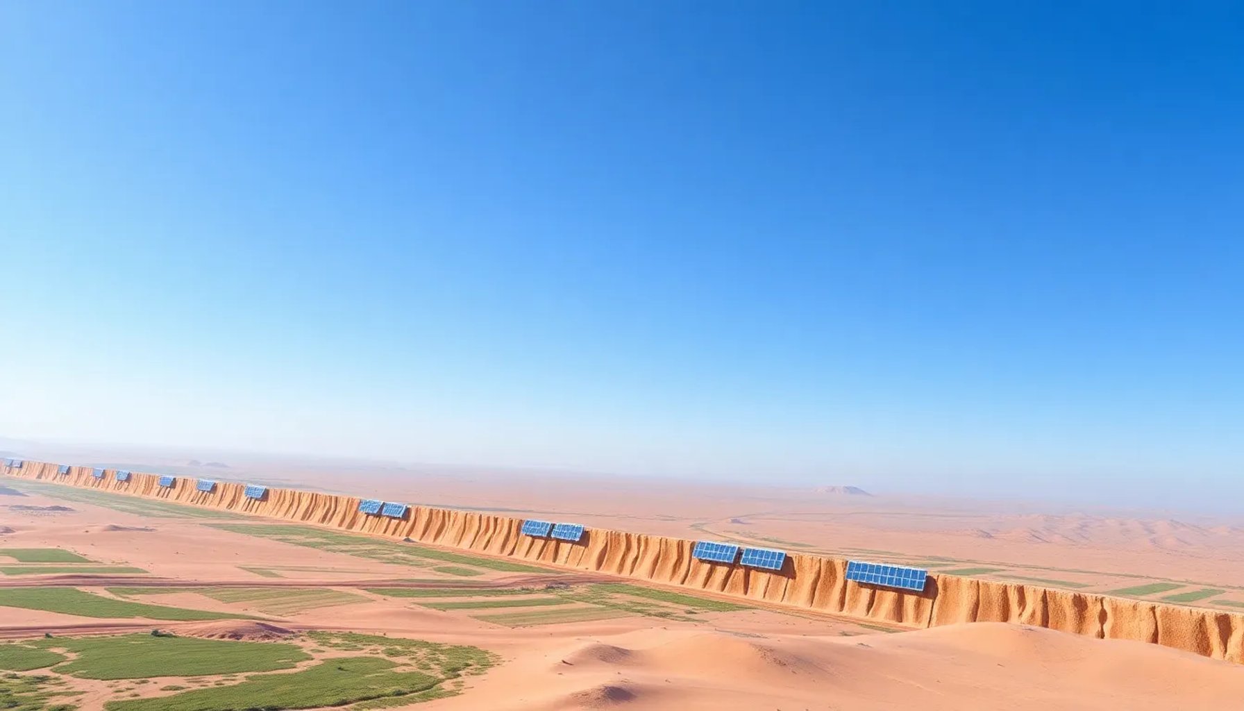 Vista panorámica de la muralla verde que atraviesa el desierto del Sahara, con paneles solares y vegetación en el horizonte