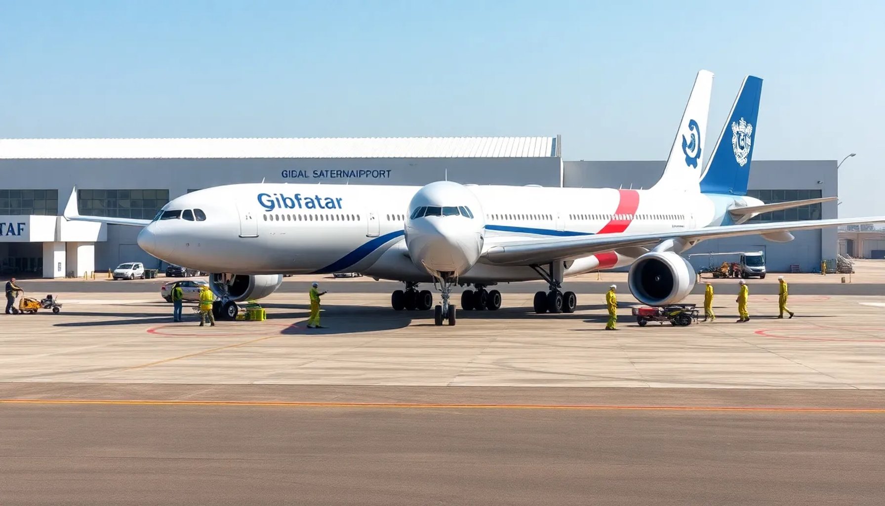 Airbus de la RAF en pista de Gibraltar con equipos médicos alrededor